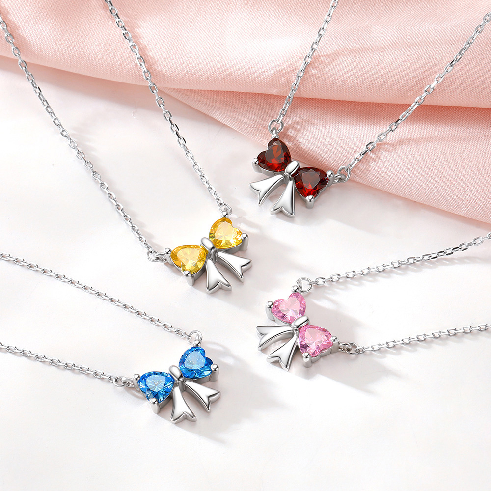 Bow Birthstone Pendant Necklace in Different Month Colors