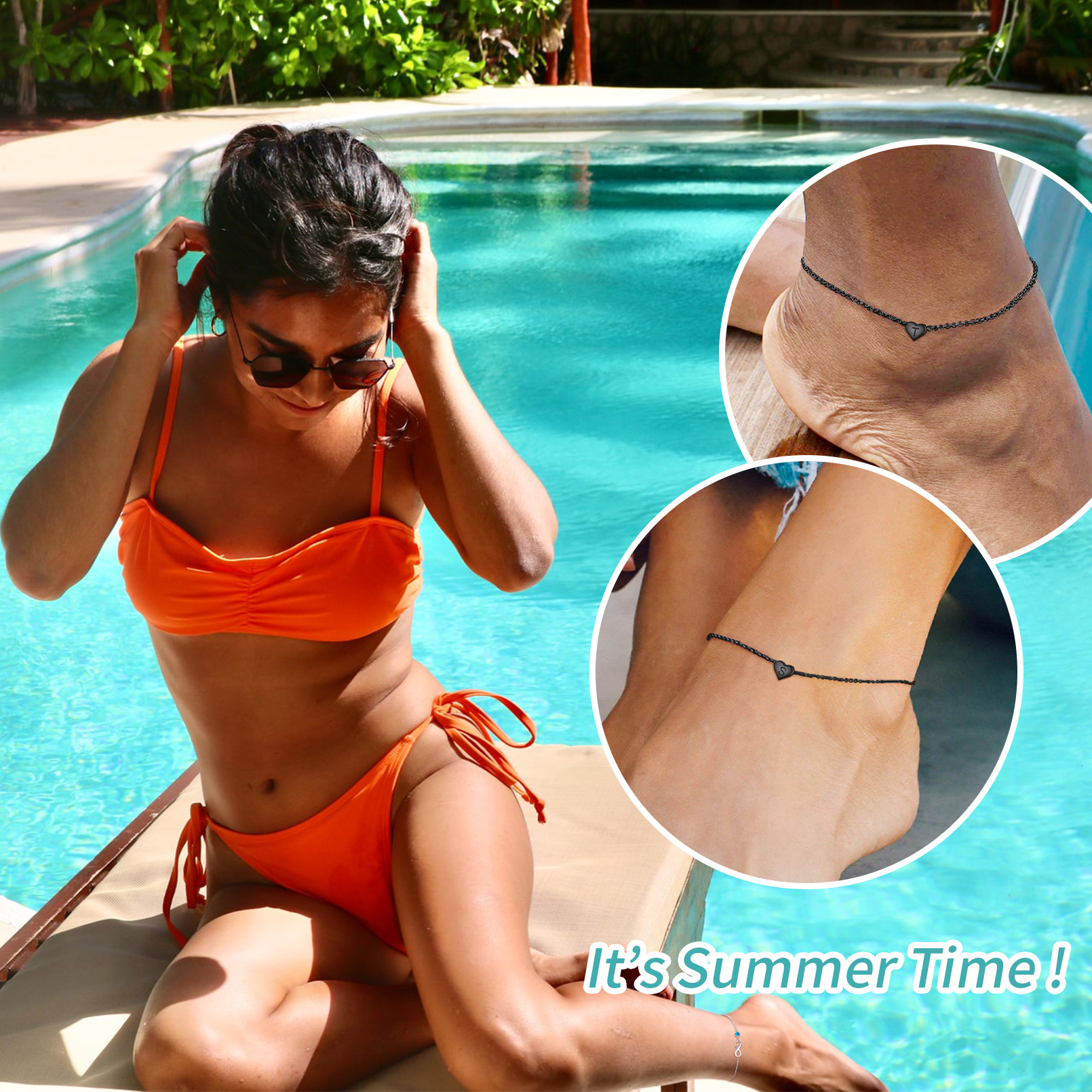 Black Dainty Heart Letter Initial Anklets in Different Letter