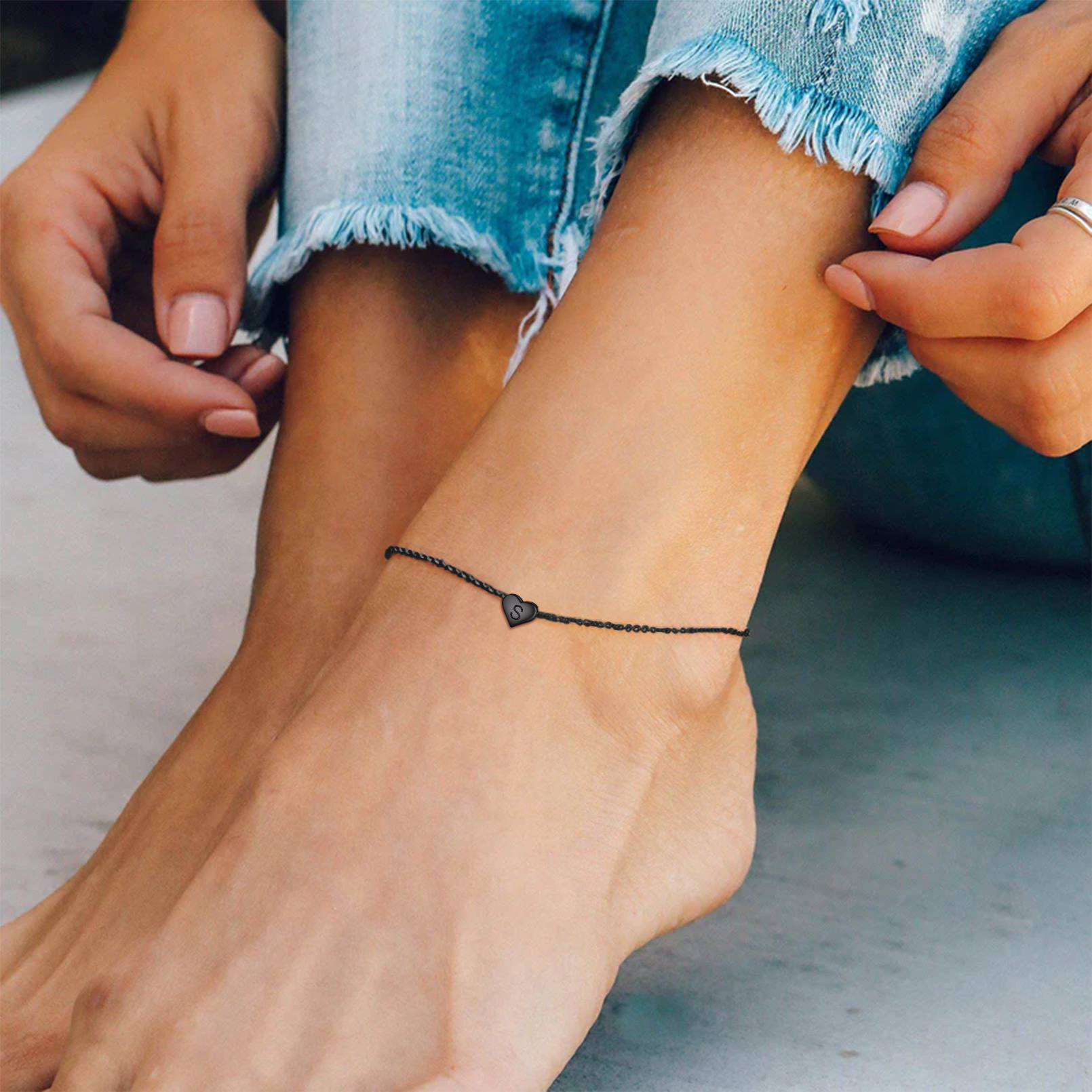 Black Dainty Heart Letter Initial Anklets for Women/Ladies/Men