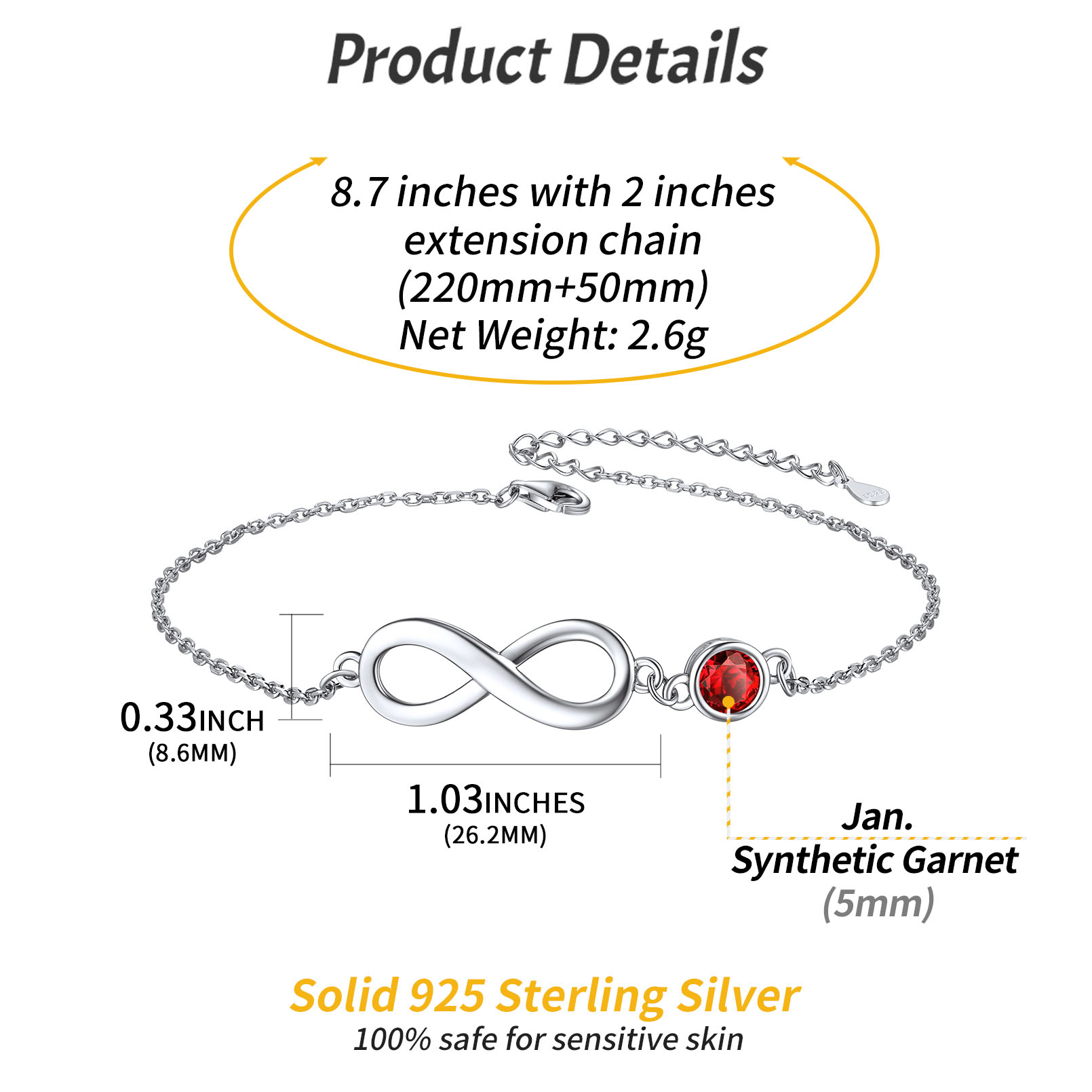 Sterling Silver ChicSilver Simple Dainty Infinity Birthstone Anklet Details: Dimensions, Hypoallergenic, Lobster-Claw-Clasps