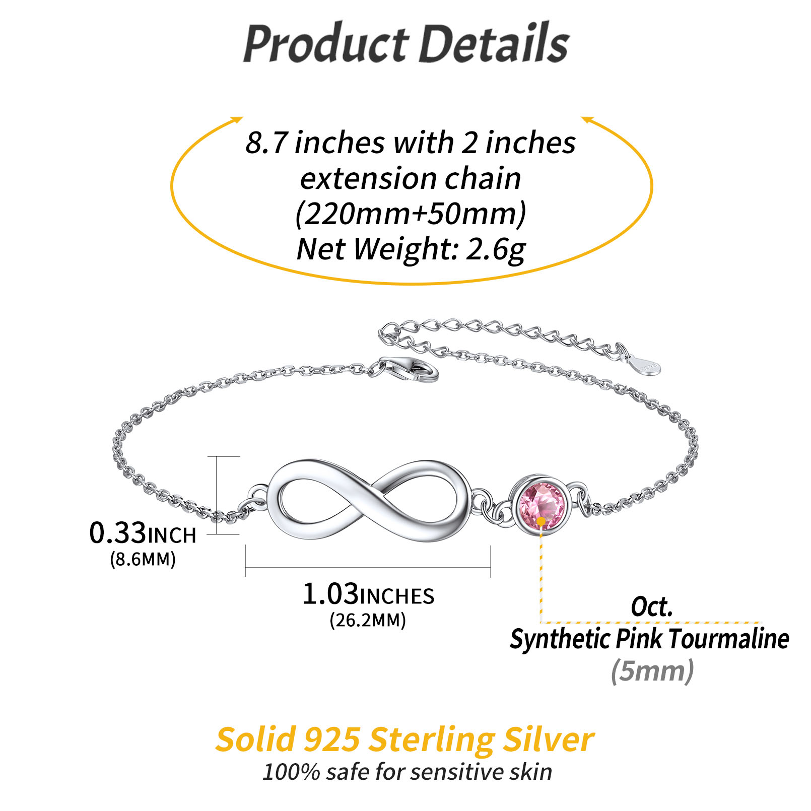 Sterling Silver ChicSilver Simple Dainty Infinity Birthstone Anklet Details: Dimensions, Hypoallergenic, Lobster-Claw-Clasps