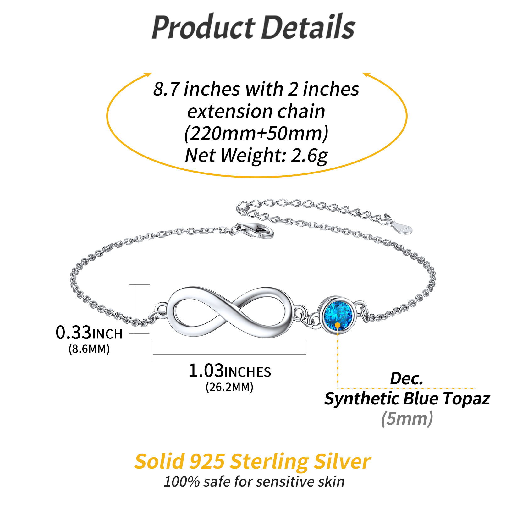 Sterling Silver ChicSilver Simple Dainty Infinity Birthstone Anklet Details: Dimensions, Hypoallergenic, Lobster-Claw-Clasps