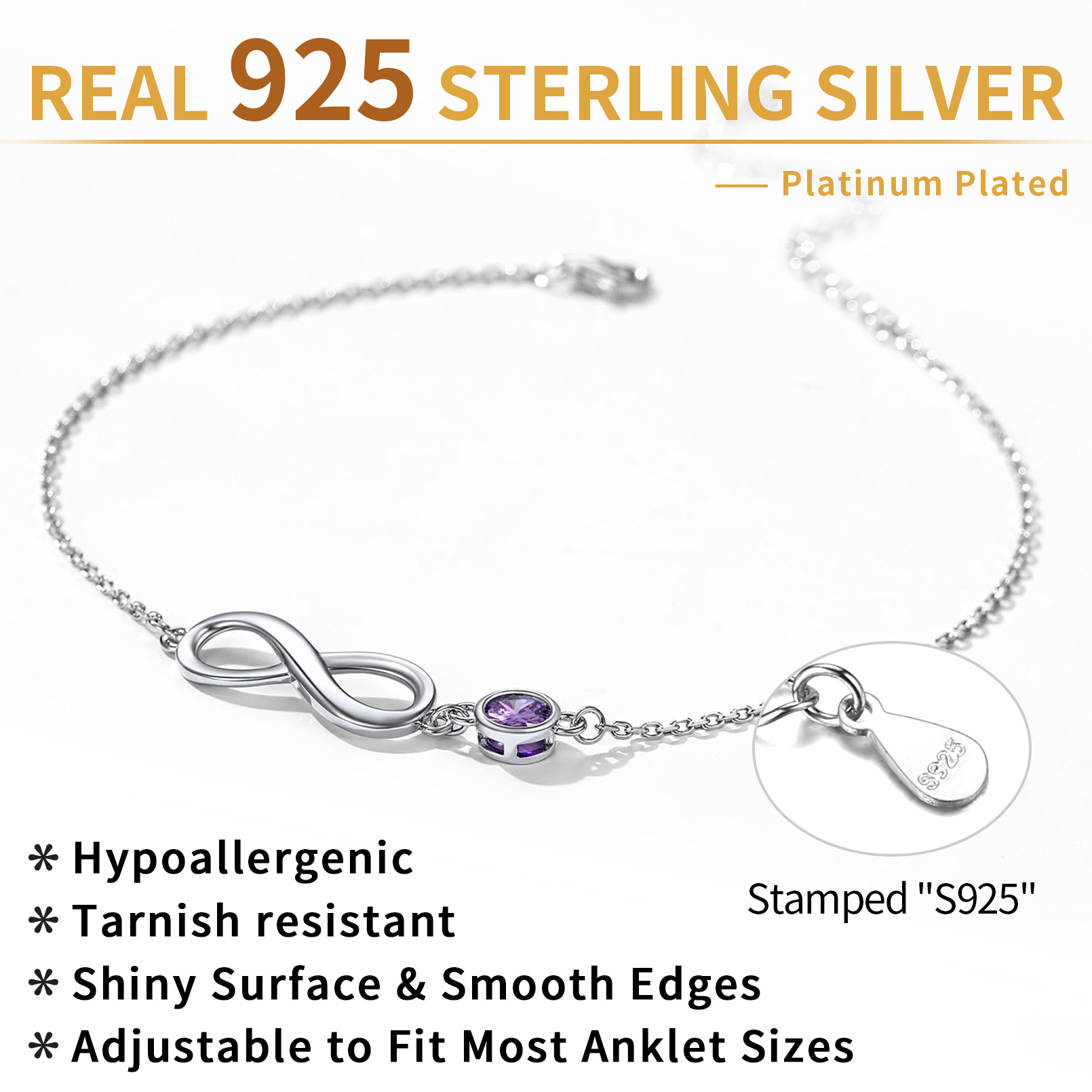 Sterling Silver ChicSilver Simple Dainty Infinity Birthstone Anklet