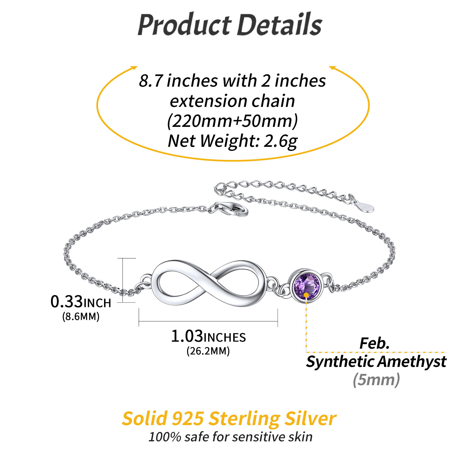 Sterling Silver ChicSilver Simple Dainty Infinity Birthstone Anklet Details: Dimensions, Hypoallergenic, Lobster-Claw-Clasps