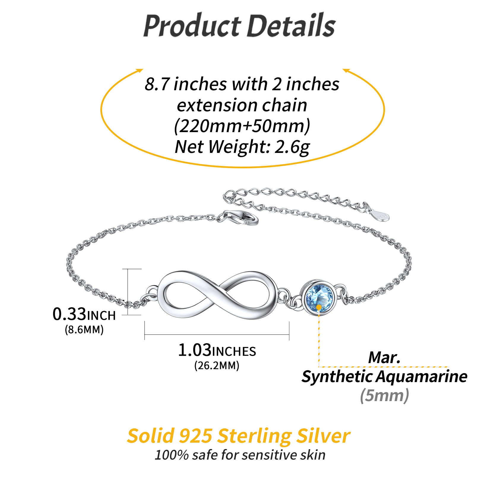 Sterling Silver ChicSilver Simple Dainty Infinity Birthstone Anklet Details: Dimensions, Hypoallergenic, Lobster-Claw-Clasps