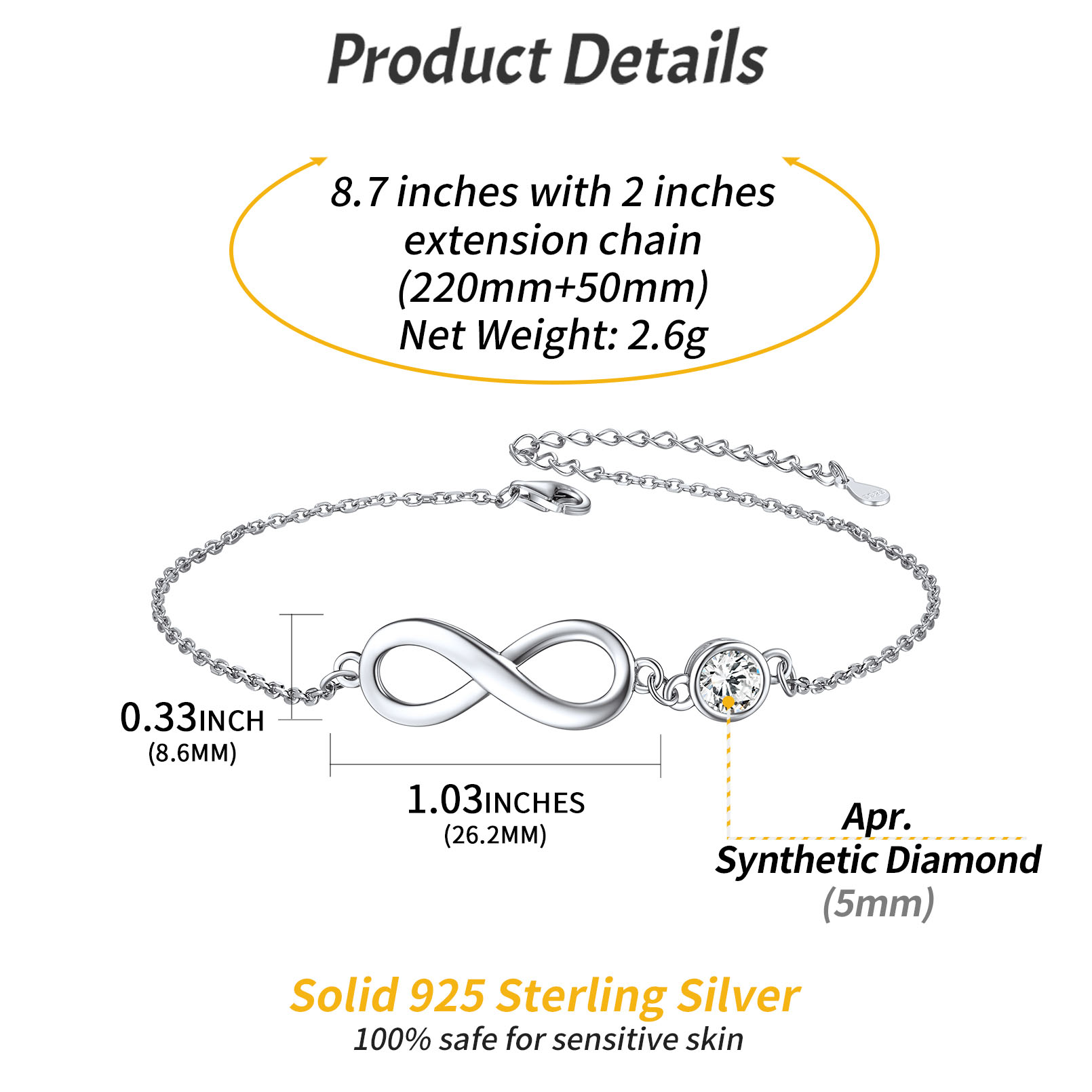 Sterling Silver ChicSilver Simple Dainty Infinity Birthstone Anklet Details: Dimensions, Hypoallergenic, Lobster-Claw-Clasps