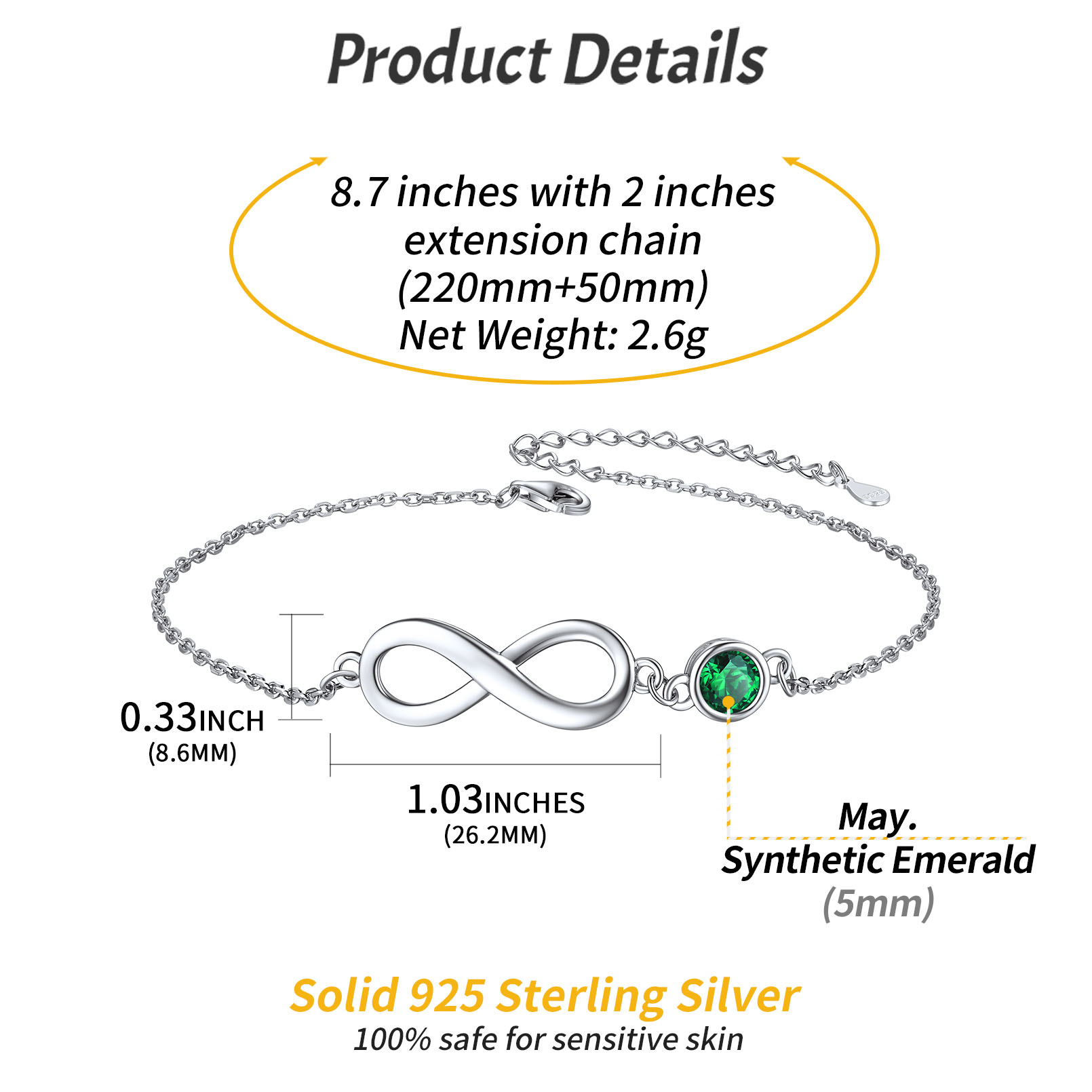 Sterling Silver ChicSilver Simple Dainty Infinity Birthstone Anklet Details: Dimensions, Hypoallergenic, Lobster-Claw-Clasps