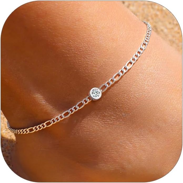 Round Dainty Birthstone Figaro Link Summer Anklets