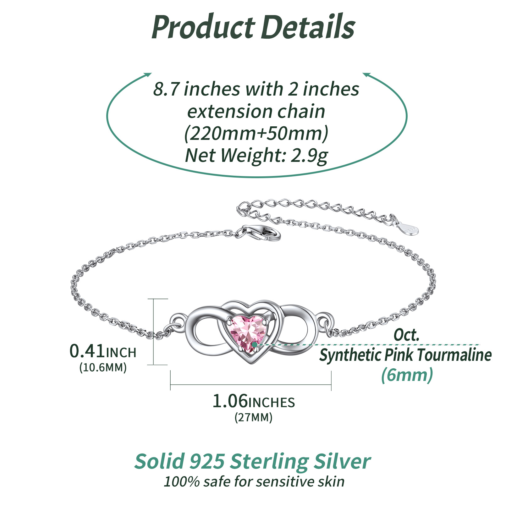 Infinity Heart Birthstone Anklet Details: Dimensions, Hypoallergenic, Lobster-Claw-Clasps
