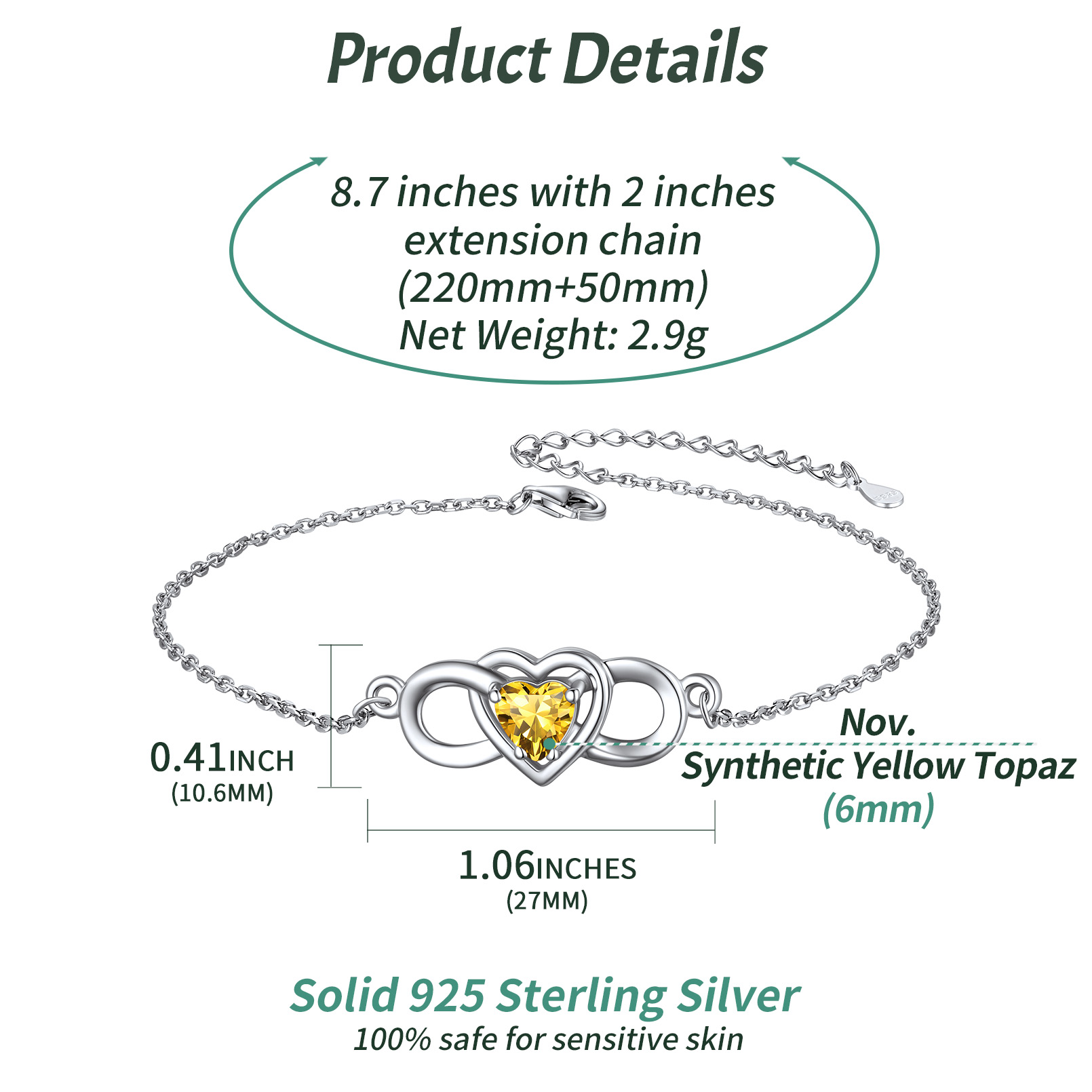 Infinity Heart Birthstone Anklet Details: Dimensions, Hypoallergenic, Lobster-Claw-Clasps