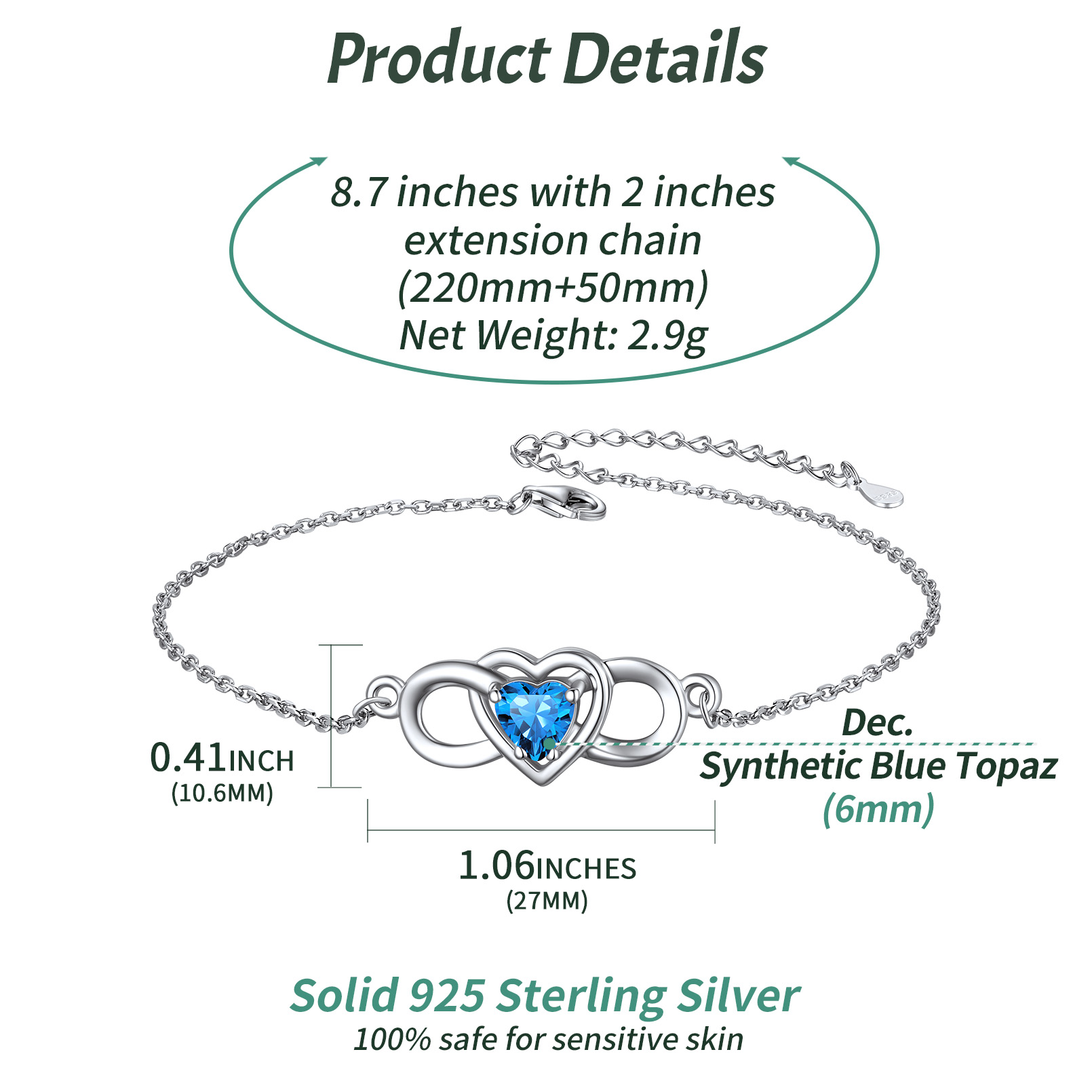 Infinity Heart Birthstone Anklet Details: Dimensions, Hypoallergenic, Lobster-Claw-Clasps
