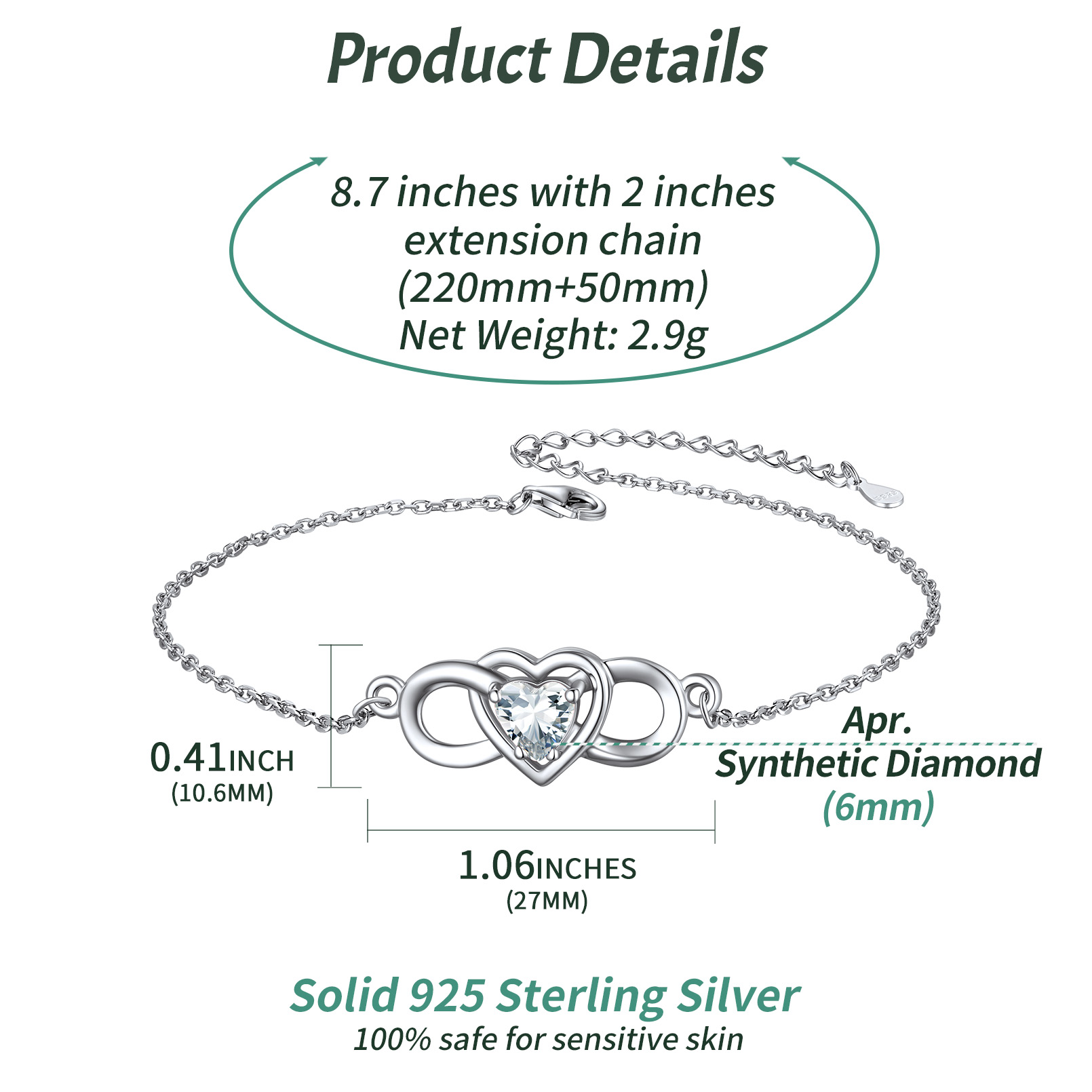 Infinity Heart Birthstone Anklet Details: Dimensions, Hypoallergenic, Lobster-Claw-Clasps