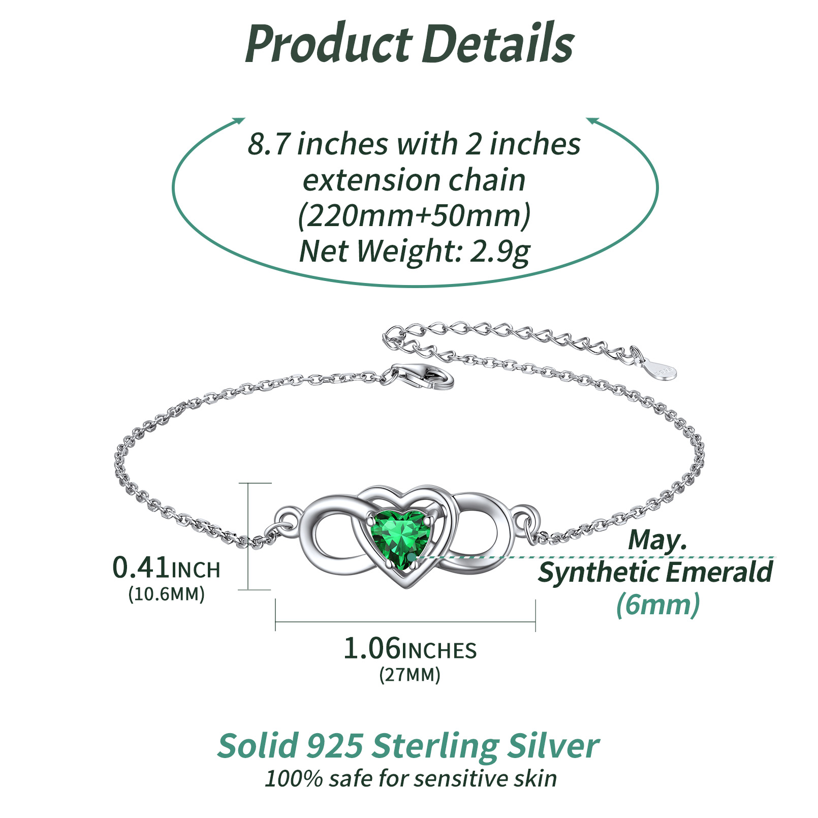 Infinity Heart Birthstone Anklet Details: Dimensions, Hypoallergenic, Lobster-Claw-Clasps