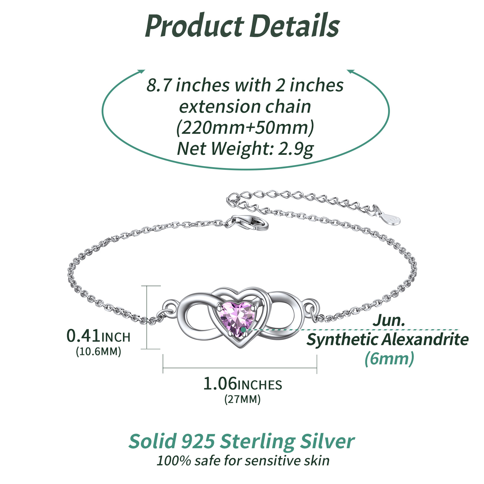 Infinity Heart Birthstone Anklet Details: Dimensions, Hypoallergenic, Lobster-Claw-Clasps