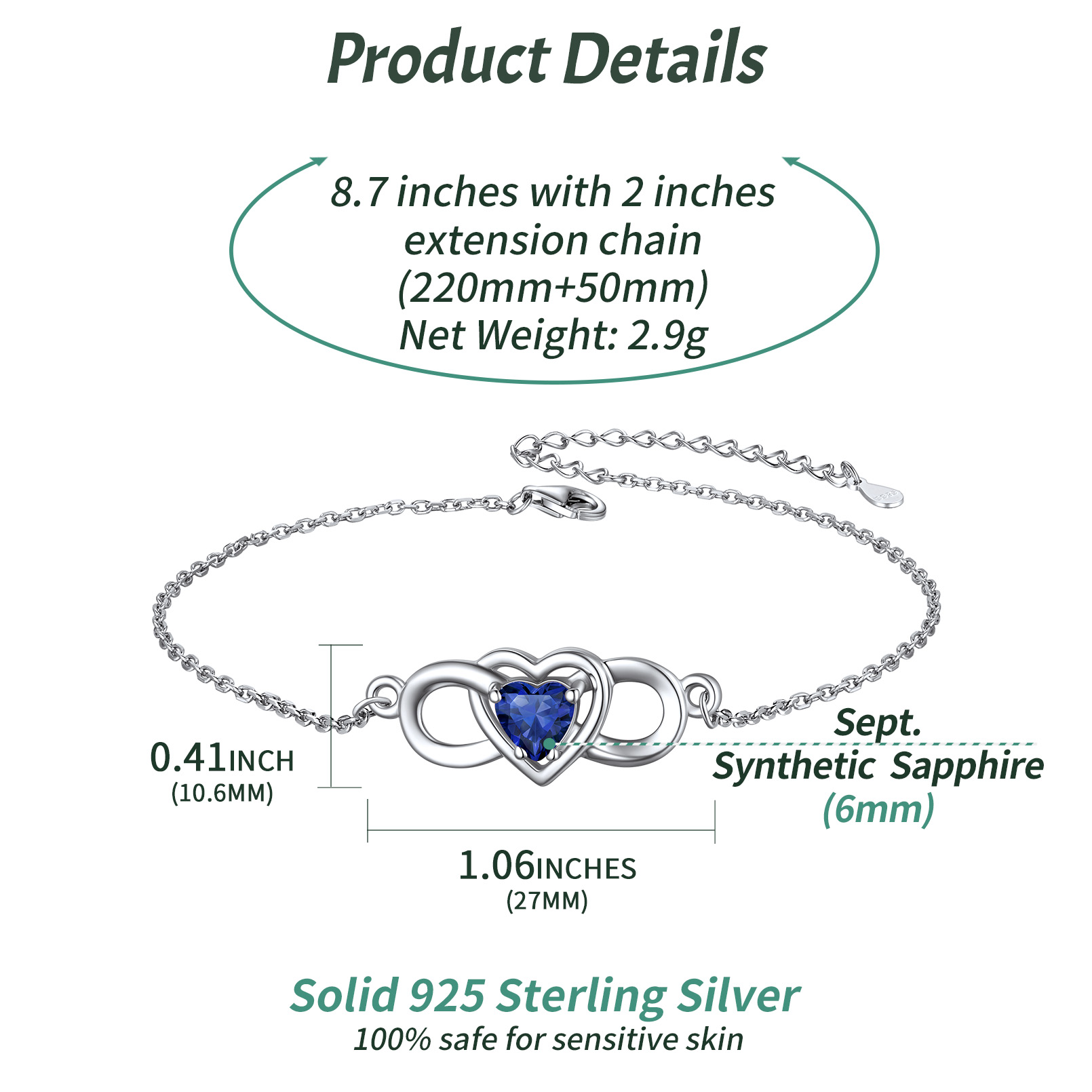 Infinity Heart Birthstone Anklet Details: Dimensions, Hypoallergenic, Lobster-Claw-Clasps