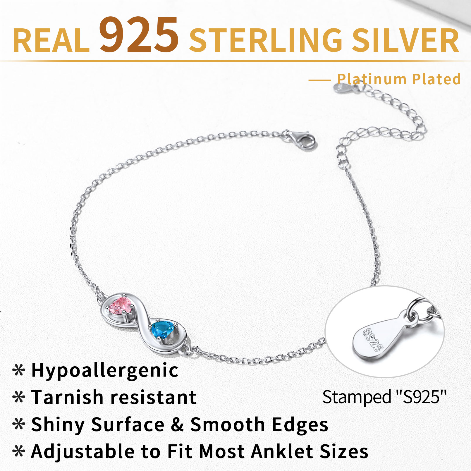 Sterling Silver Personalized Birthstone Infinity Engraved Name Anklet