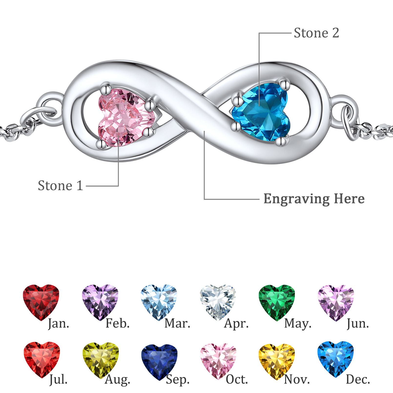 Personalized Birthstone Infinity Engraved Name Anklet in Different Month Colors