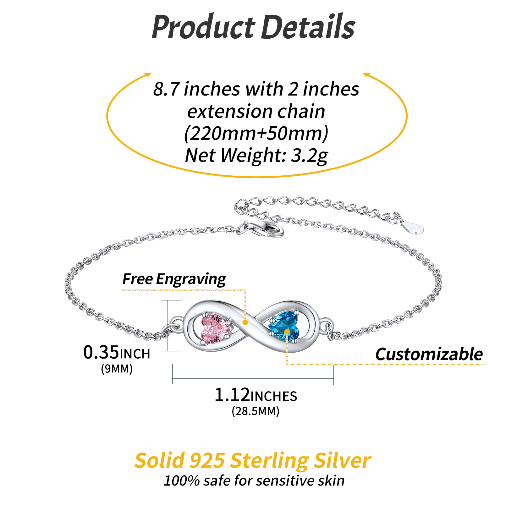 Personalized Birthstone Infinity Engraved Name Anklet Details: Dimensions, Hypoallergenic, Lobster-Claw-Clasps