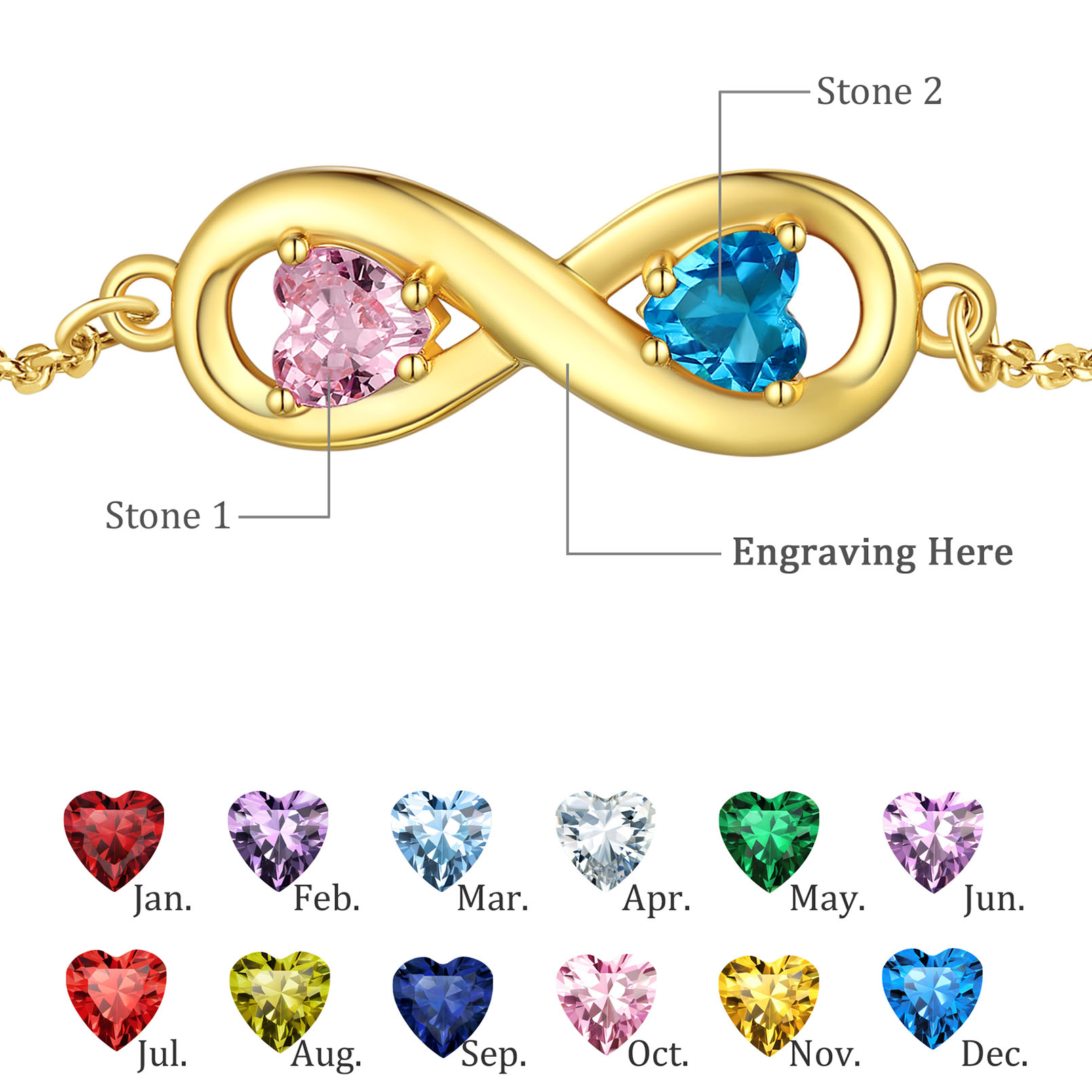 Personalized Birthstone Infinity Engraved Name Anklet in Different Month Colors