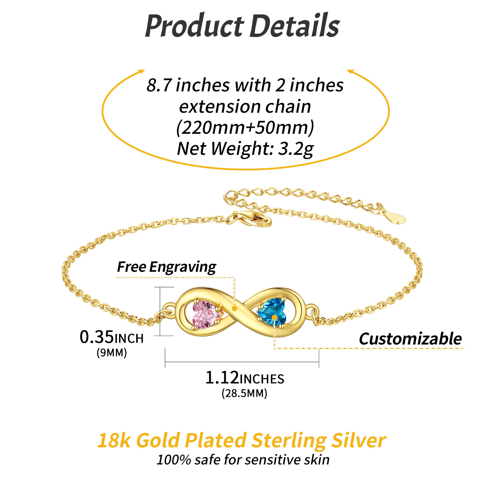 Personalized Birthstone Infinity Engraved Name Anklet Details: Dimensions, Hypoallergenic, Lobster-Claw-Clasps