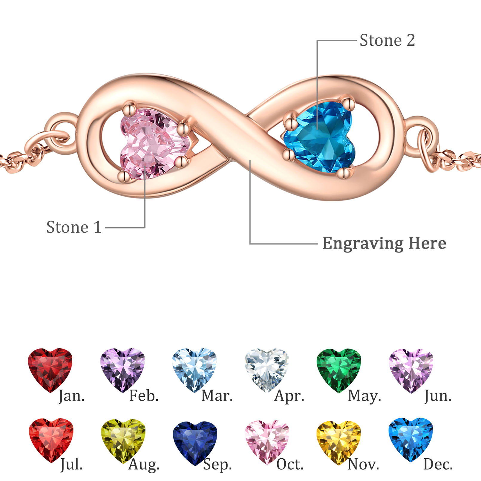 Personalized Birthstone Infinity Engraved Name Anklet in Different Month Colors