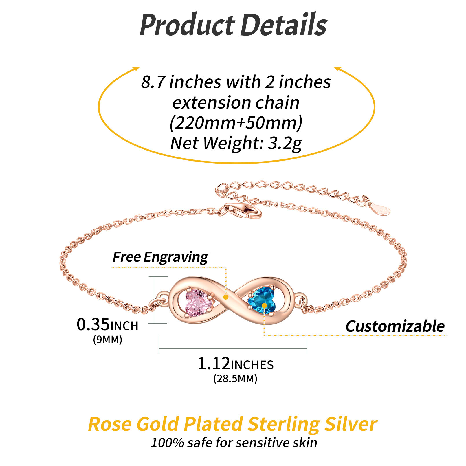 Personalized Birthstone Infinity Engraved Name Anklet Details: Dimensions, Hypoallergenic, Lobster-Claw-Clasps