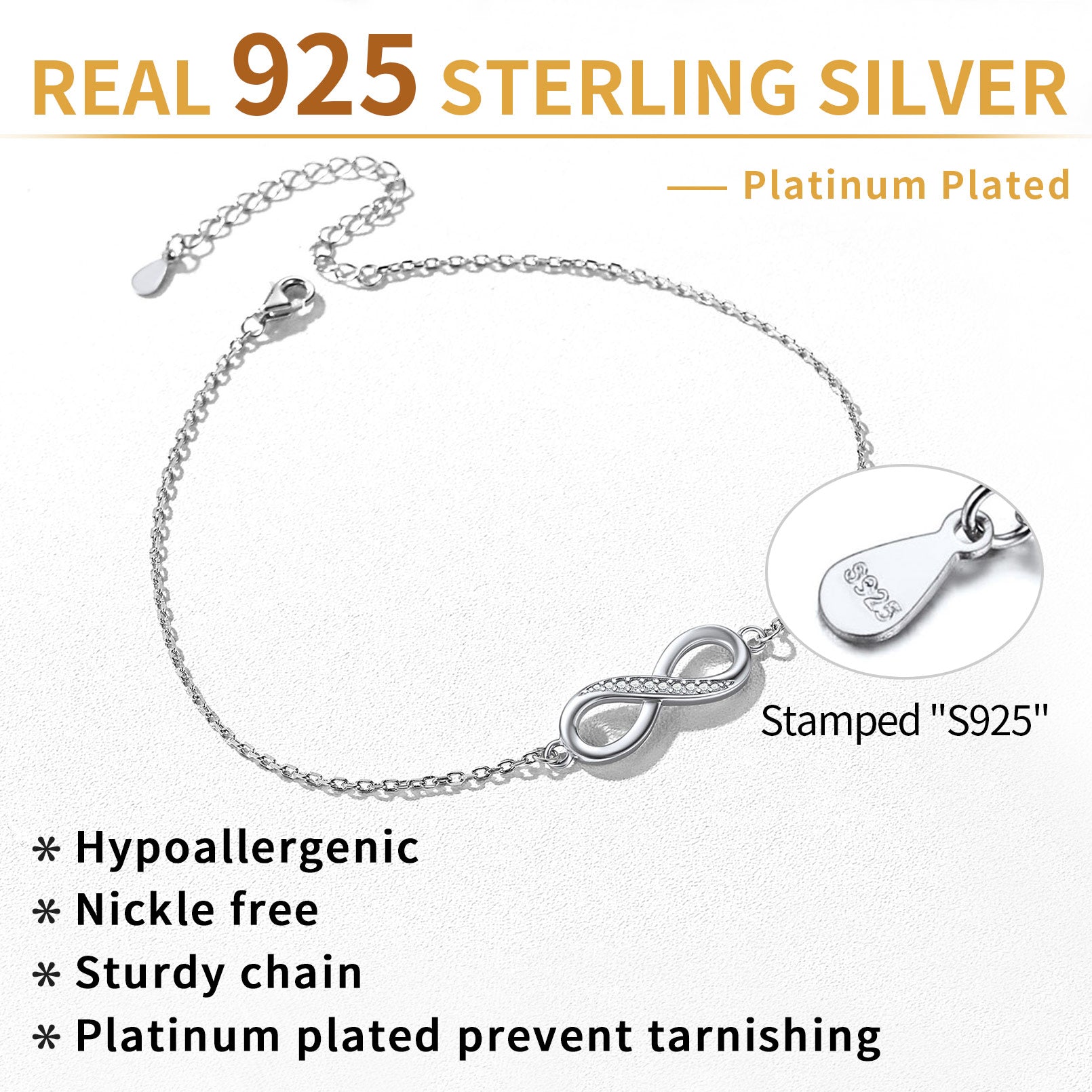 S925 Silver Infinity Anklet 22cm Beach Gift for Women