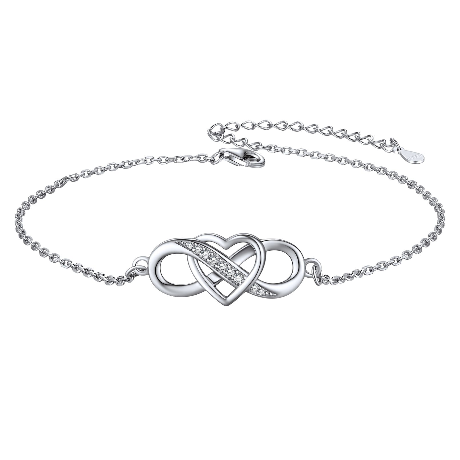 S925 Sterling Silver Infinity Heart Anklet with Zircons Gift