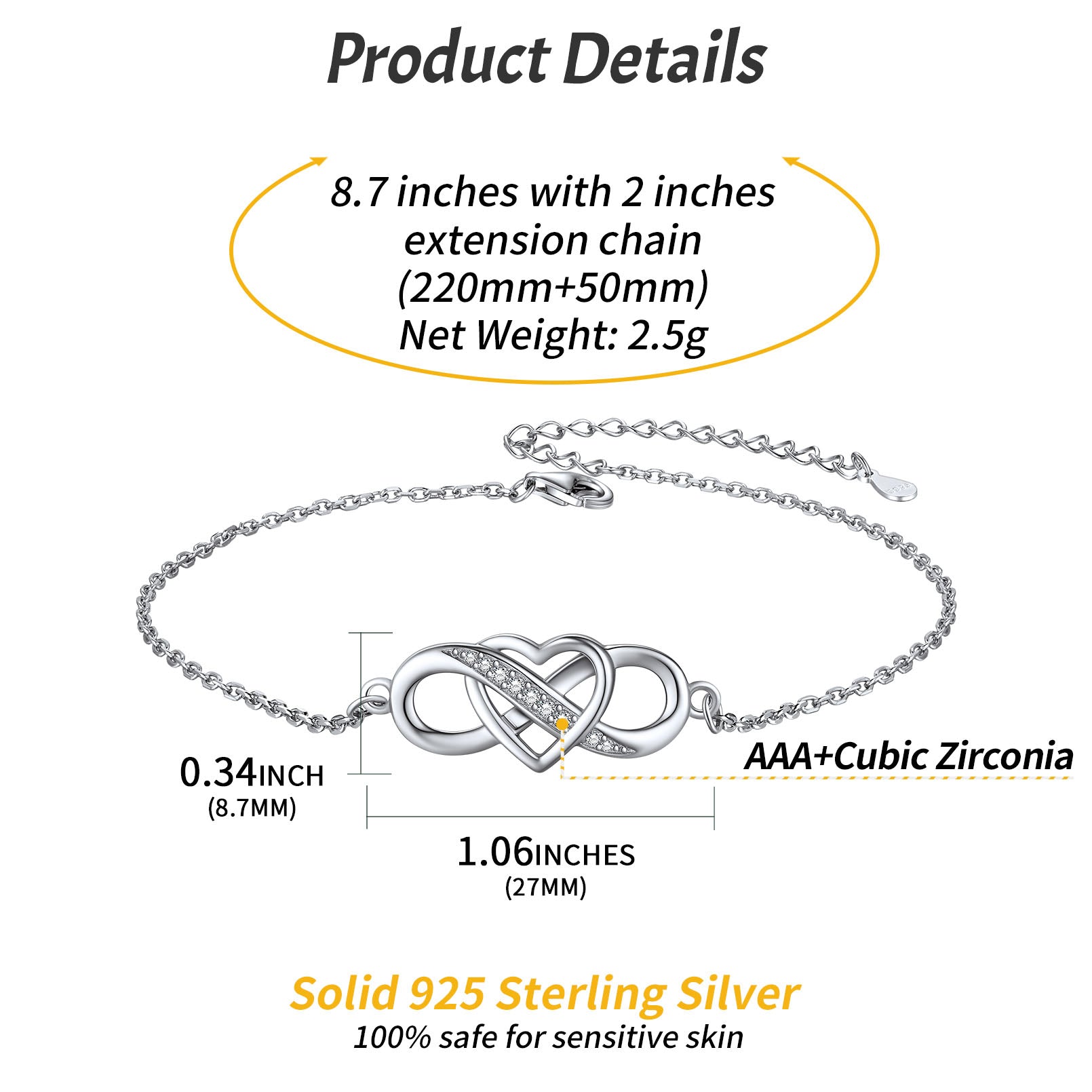 S925 Sterling Silver Infinity Heart Anklet with Zircons Gift