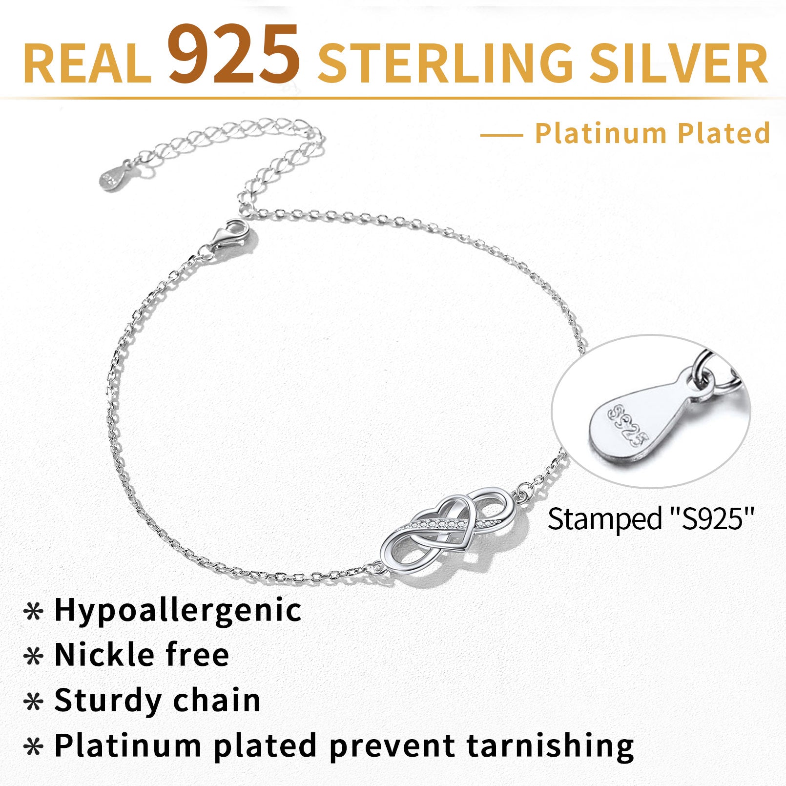 S925 Sterling Silver Infinity Heart Anklet with Zircons Gift