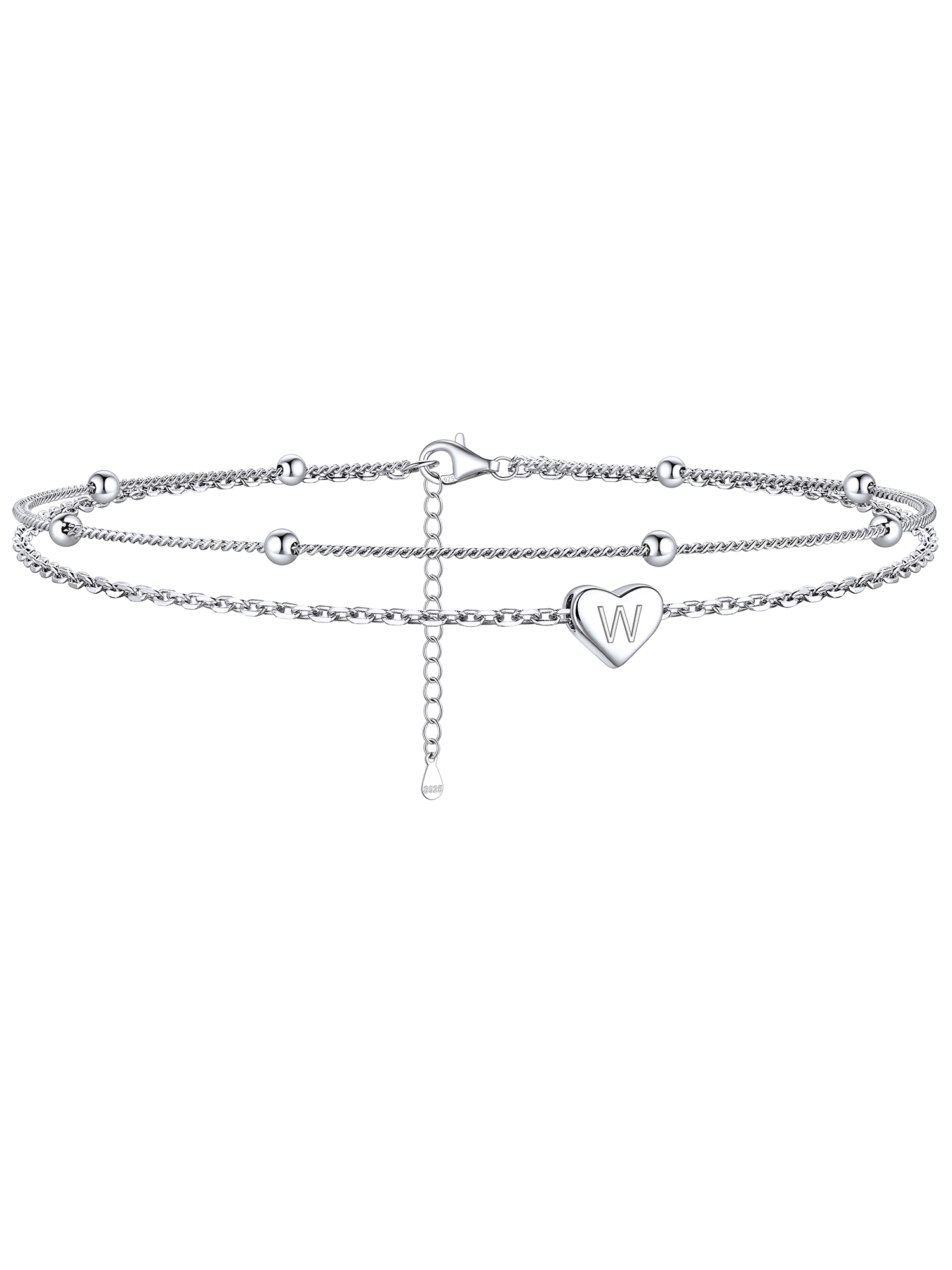 W-Heart Initials Dainty Layered Anklets With Beaded