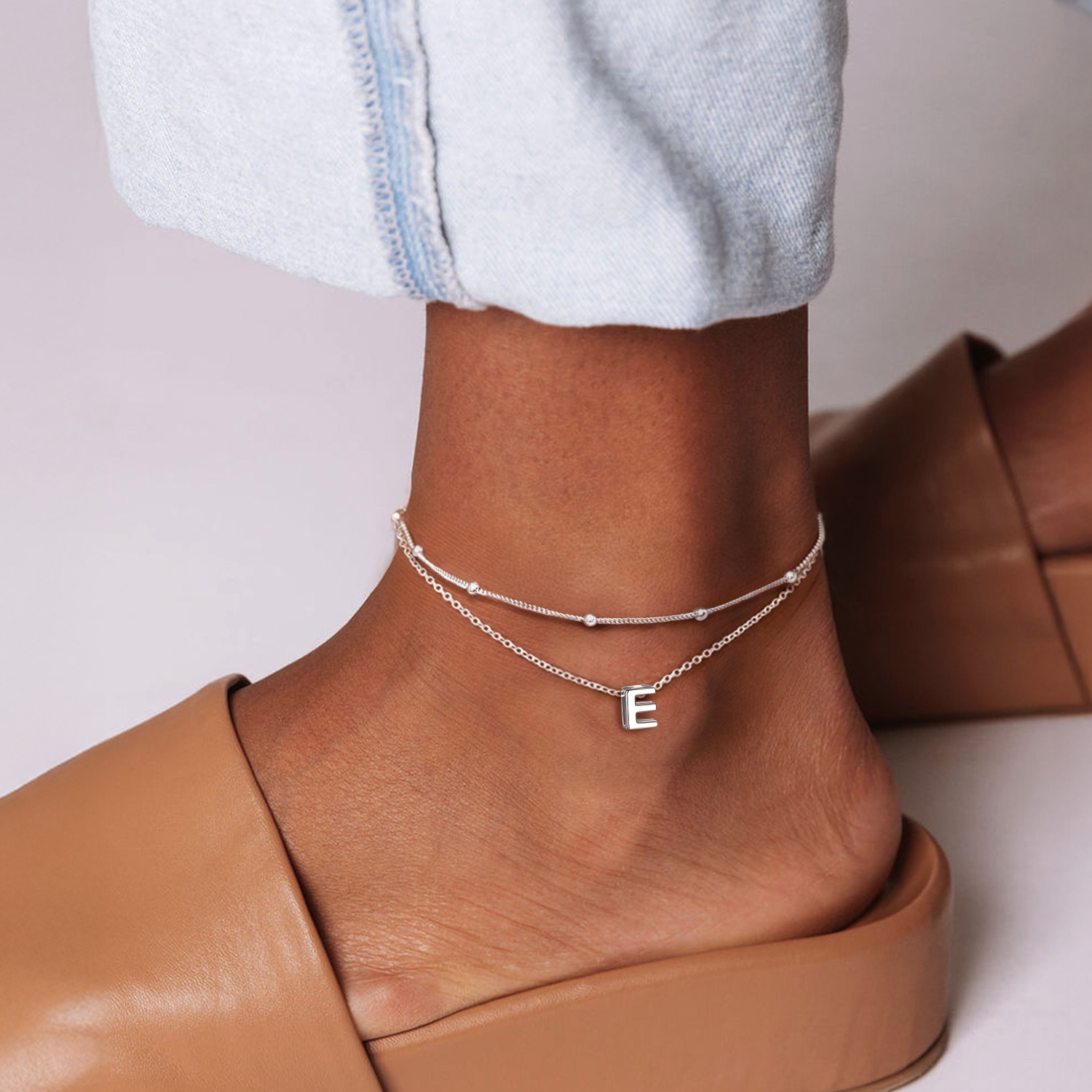 Dainty Layered Waterproof Initial E Anklets for Women