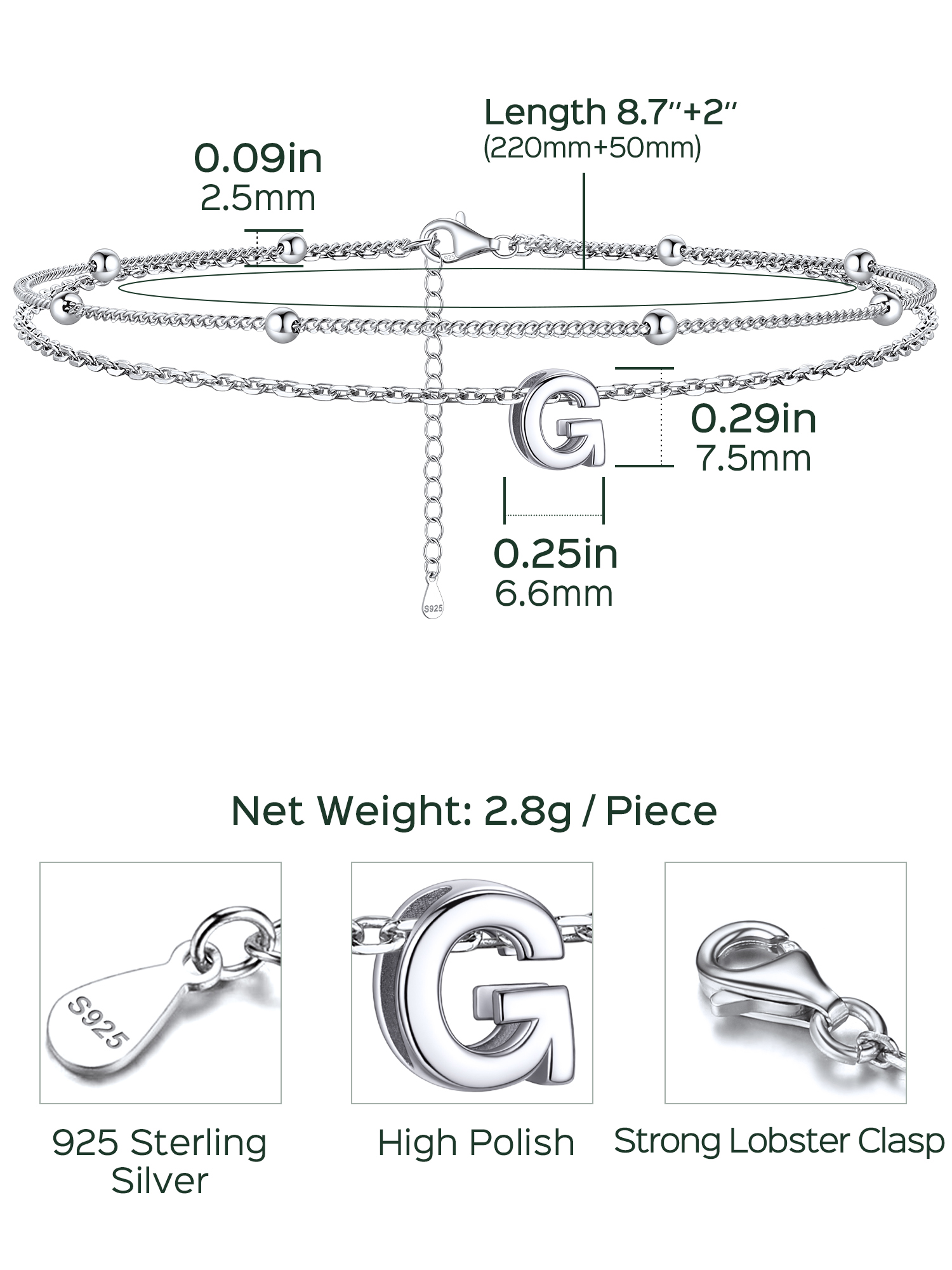 Dainty Layered Waterproof Initial Anklets Details: Dimensions, Hypoallergenic, Lobster-Claw-Clasps