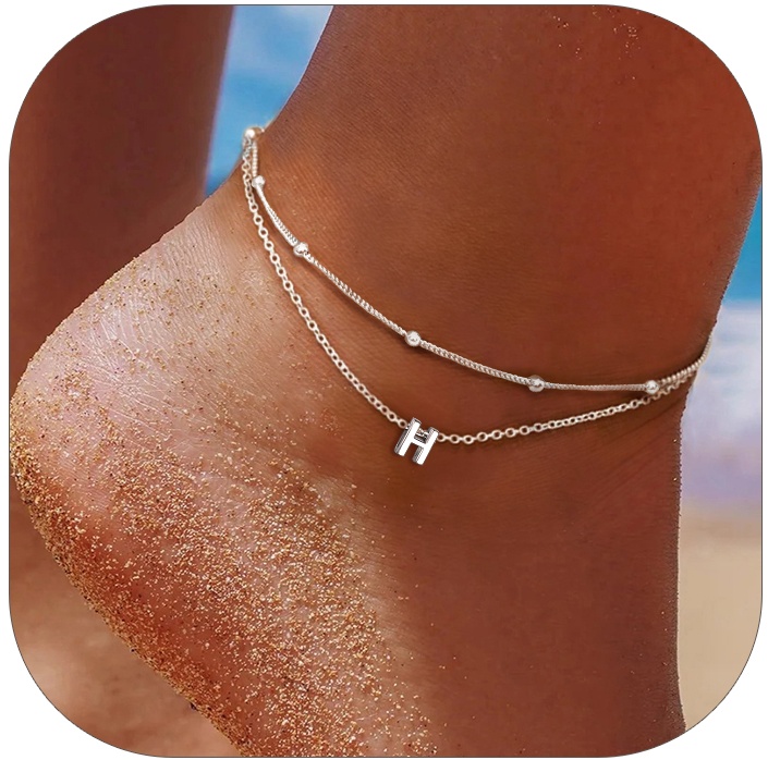 Dainty Layered Waterproof Initial H Anklets for Women