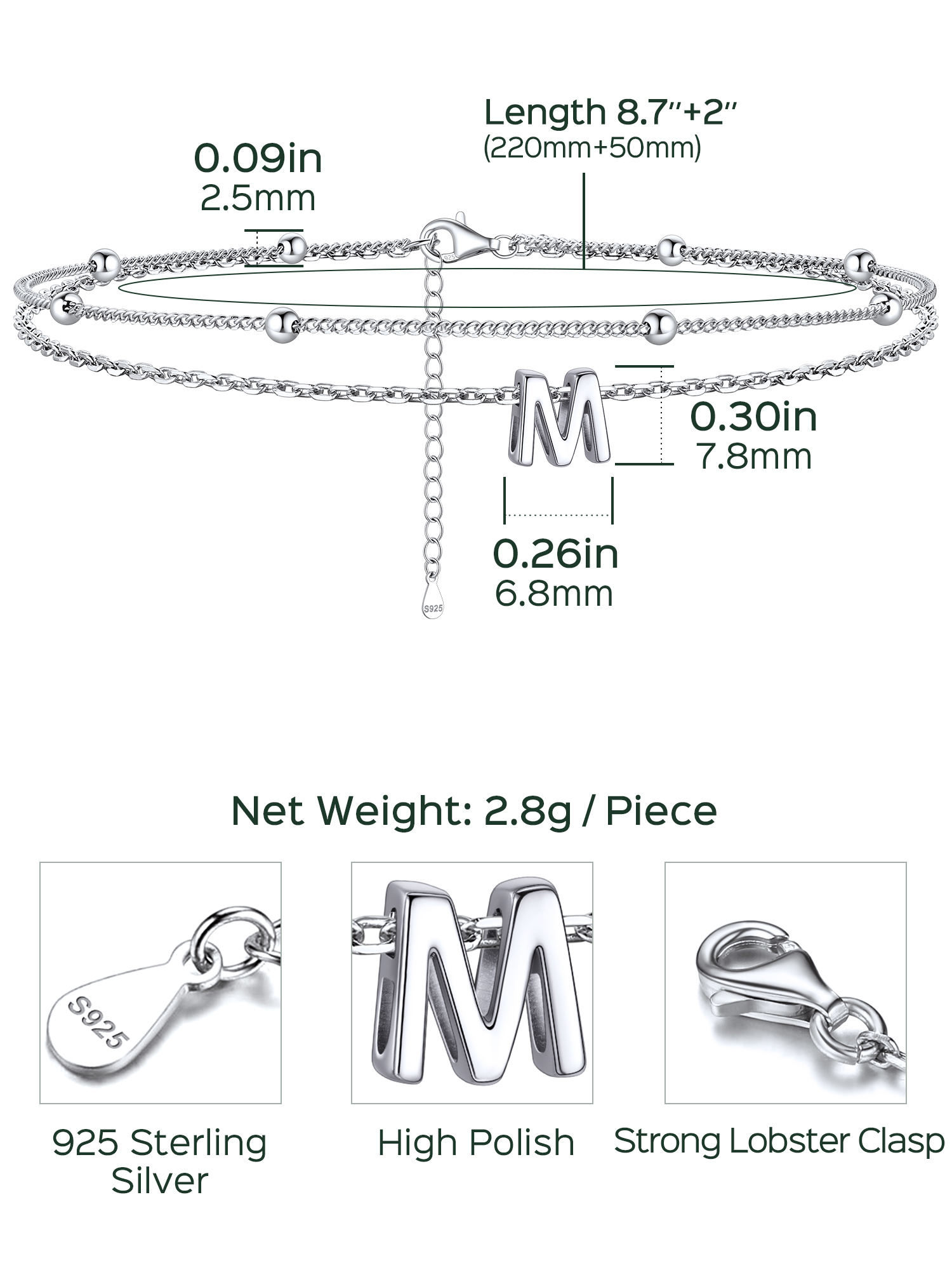 Dainty Layered Waterproof Initial Anklets Details: Dimensions, Hypoallergenic, Lobster-Claw-Clasps