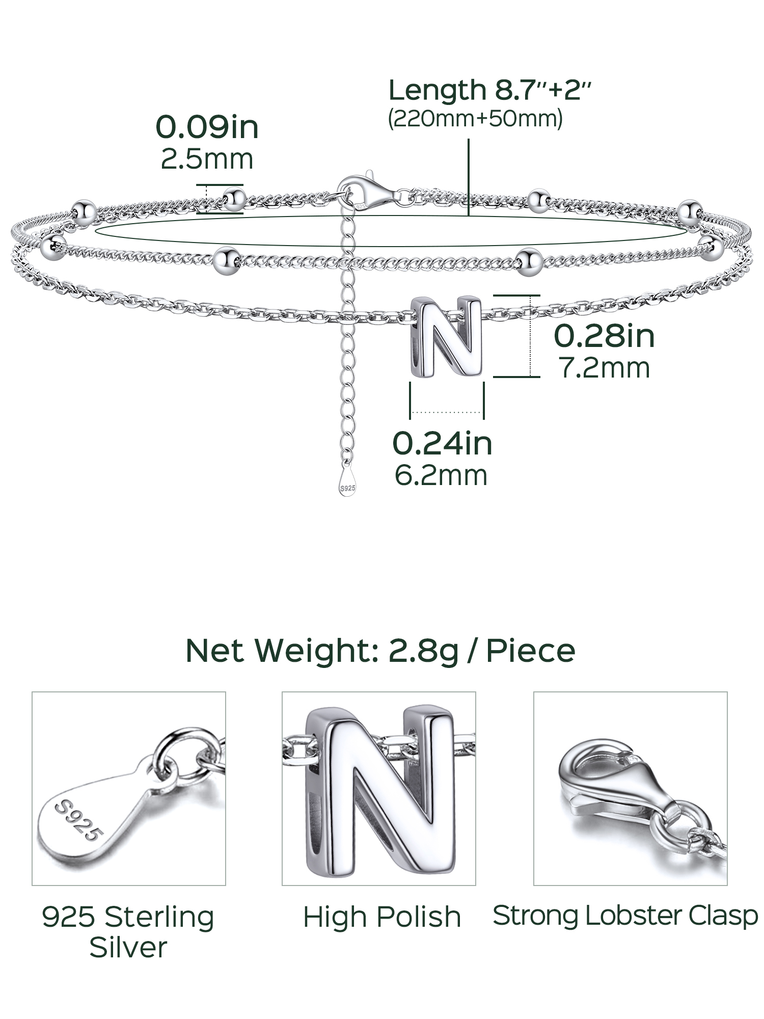 Dainty Layered Waterproof Initial Anklets Details: Dimensions, Hypoallergenic, Lobster-Claw-Clasps