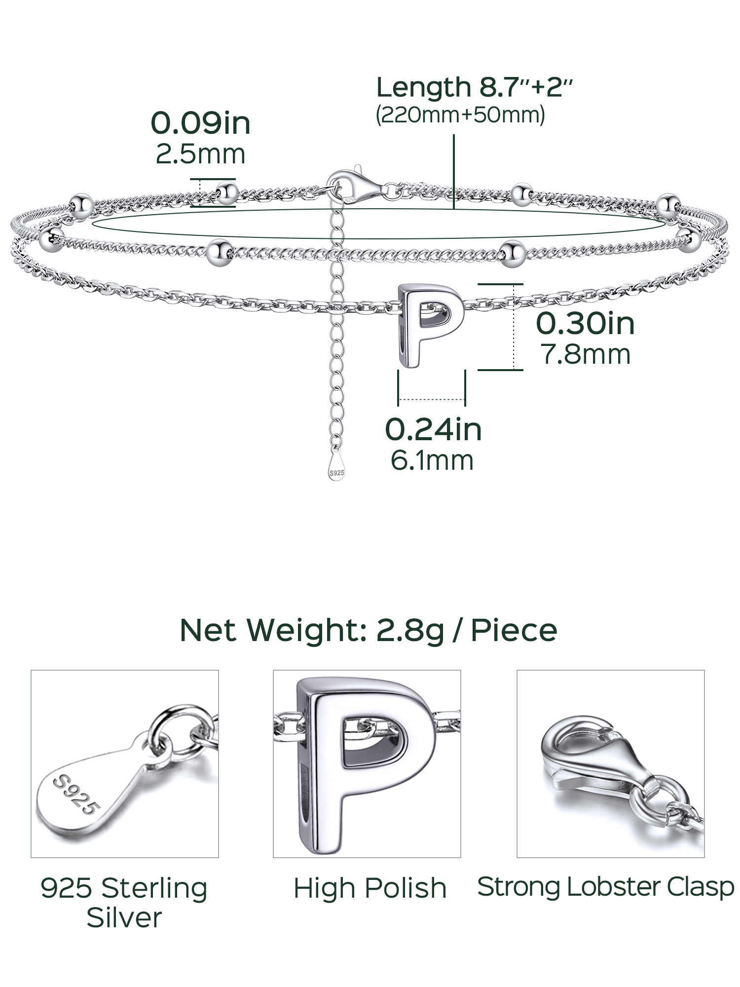 Dainty Layered Waterproof Initial Anklets Details: Dimensions, Hypoallergenic, Lobster-Claw-Clasps