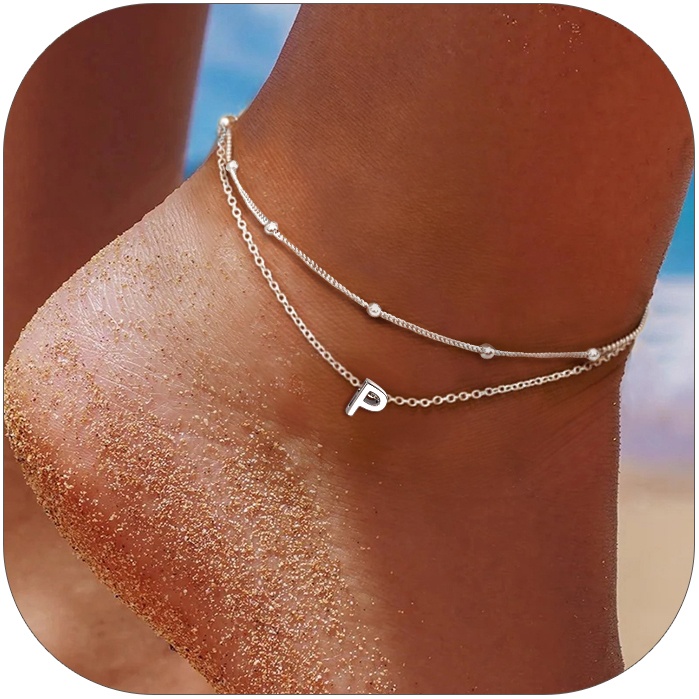 Dainty Layered Waterproof Initial P Anklets for Women