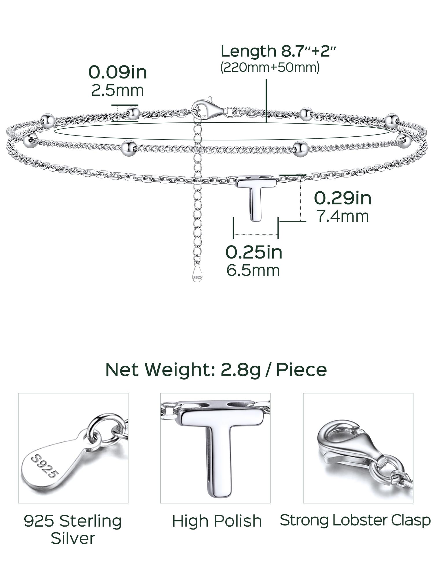 Dainty Layered Waterproof Initial Anklets Details: Dimensions, Hypoallergenic, Lobster-Claw-Clasps