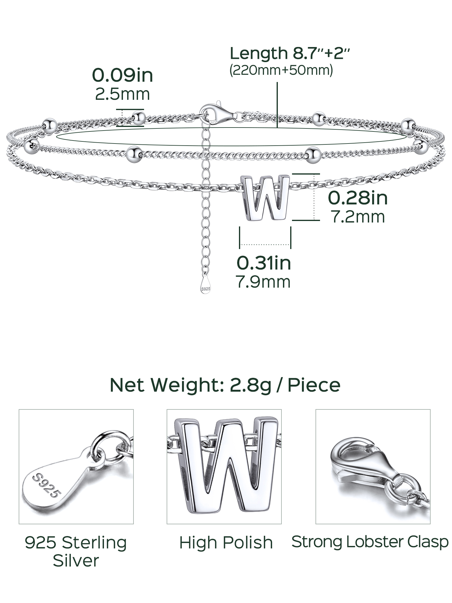 Dainty Layered Waterproof Initial Anklets Details: Dimensions, Hypoallergenic, Lobster-Claw-Clasps