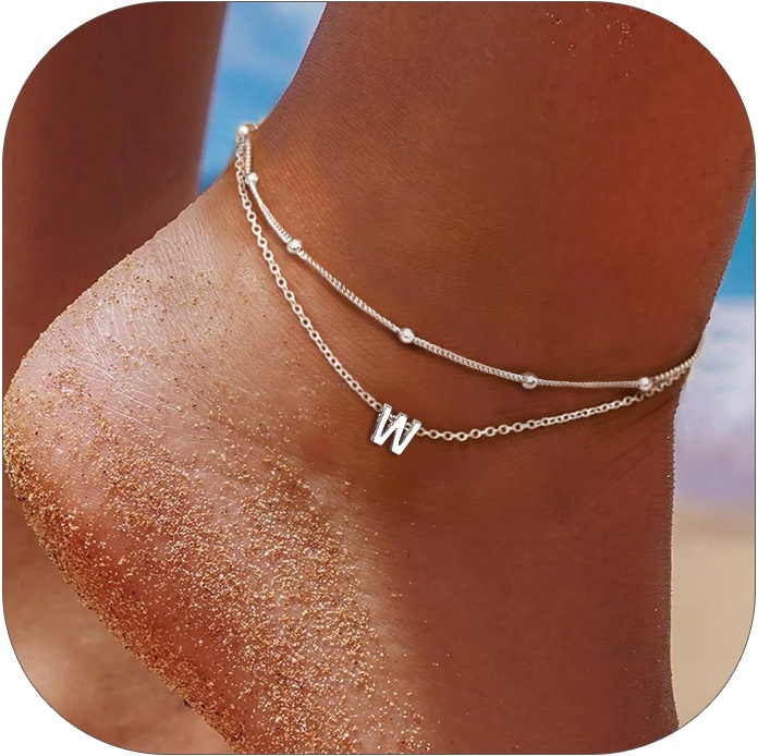 Dainty Layered Waterproof Initial W Anklets for Women