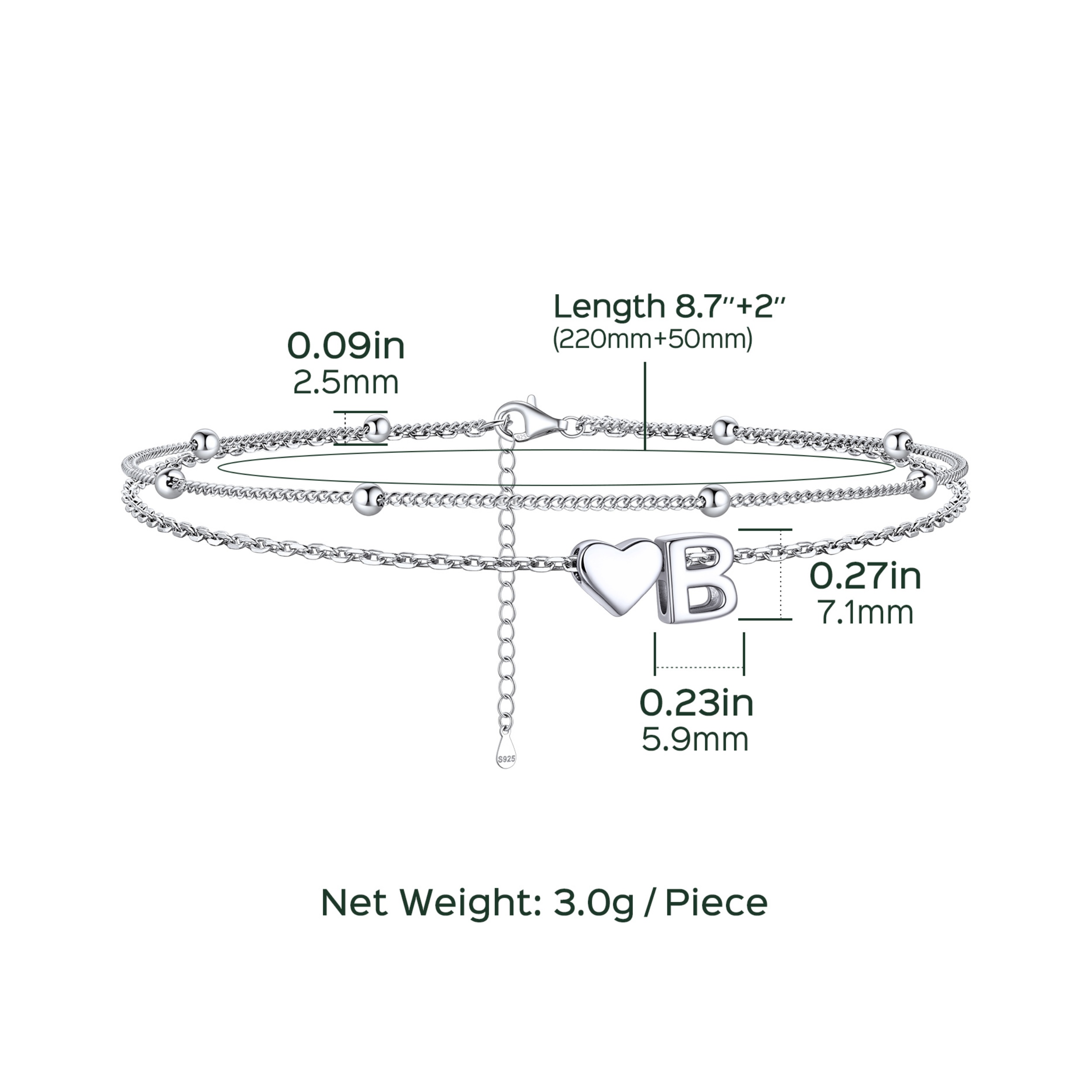 Heart Anklet With Letter  Details: Dimensions, Hypoallergenic, Lobster-Claw-Clasps