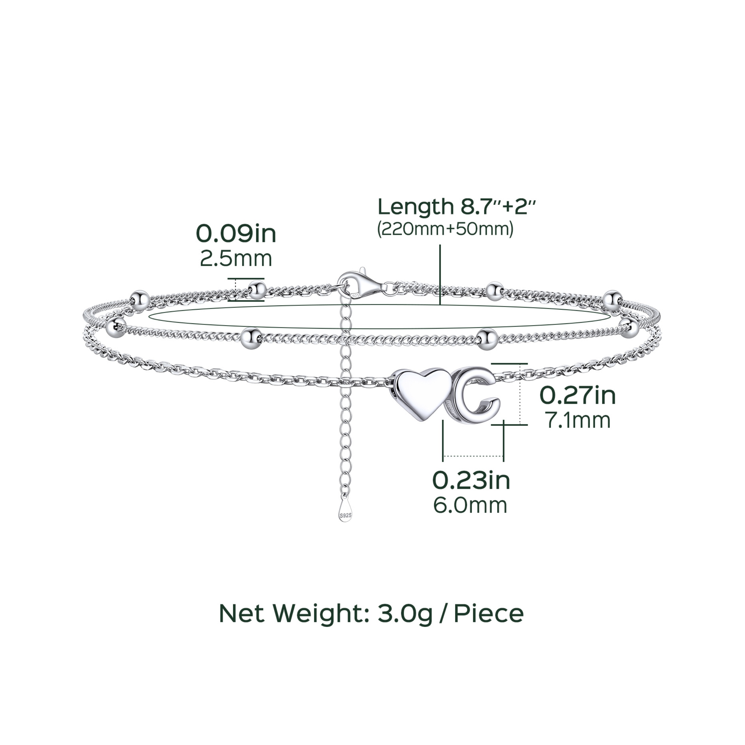 Heart Anklet With Letter  Details: Dimensions, Hypoallergenic, Lobster-Claw-Clasps