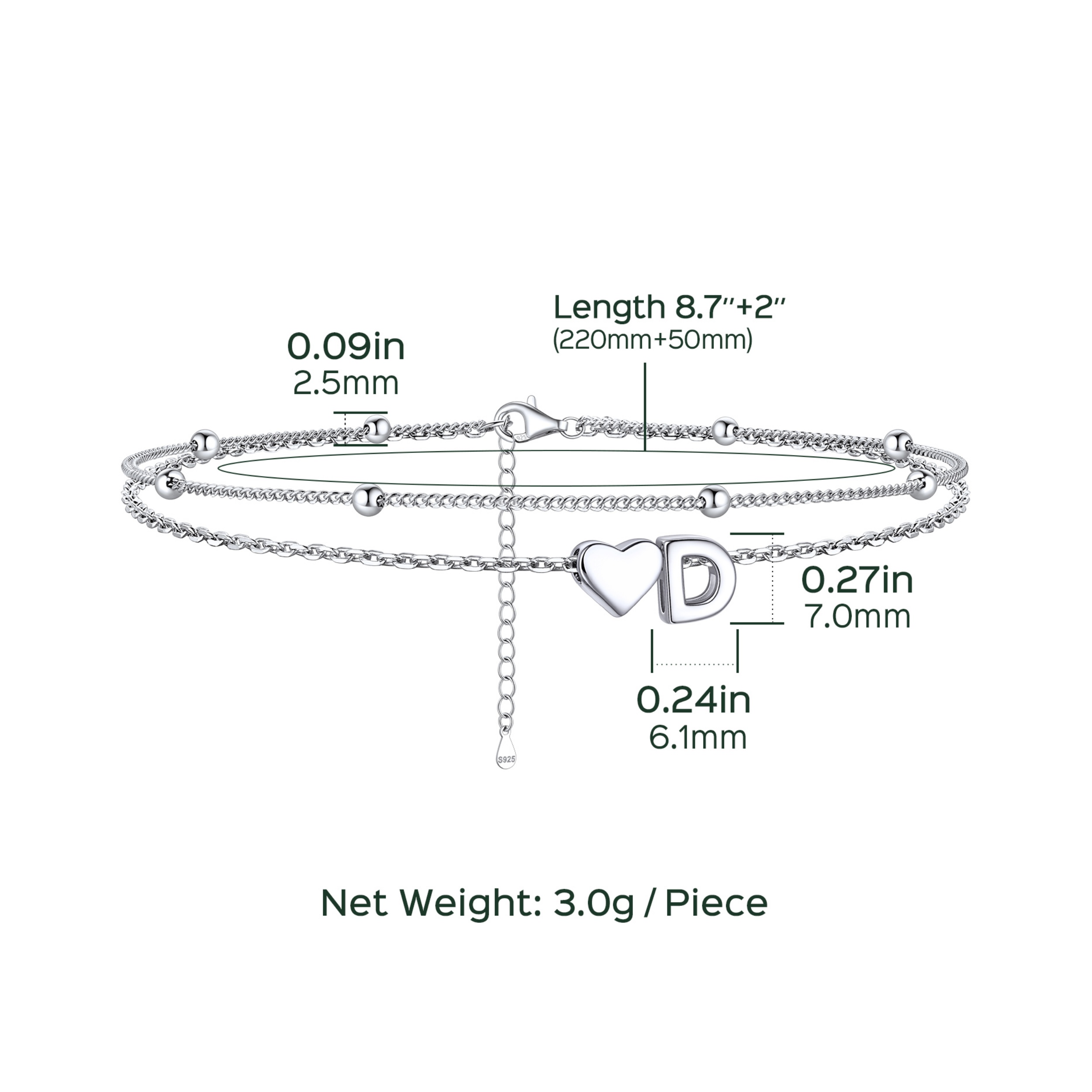 Heart Anklet With Letter  Details: Dimensions, Hypoallergenic, Lobster-Claw-Clasps