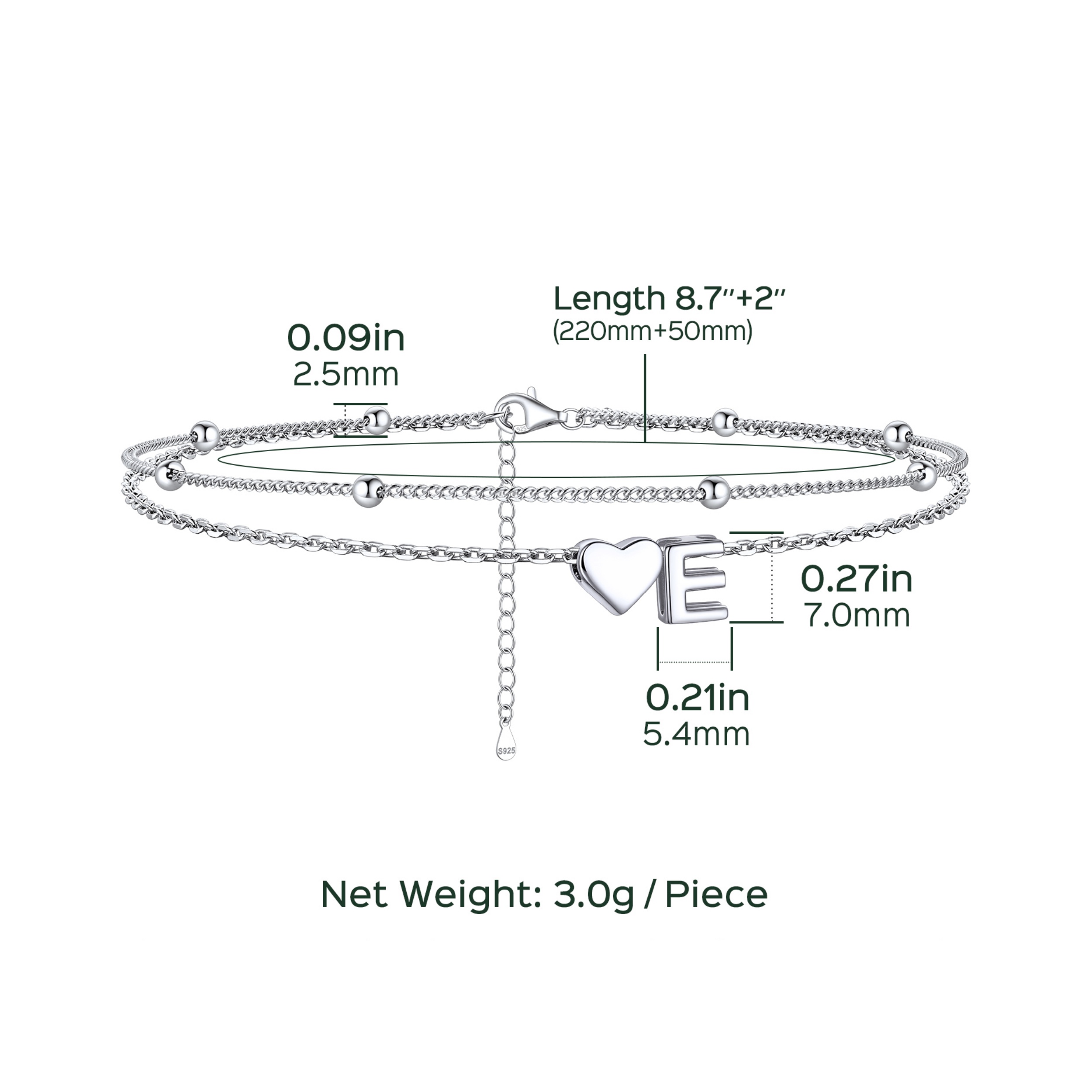 Heart Anklet With Letter  Details: Dimensions, Hypoallergenic, Lobster-Claw-Clasps