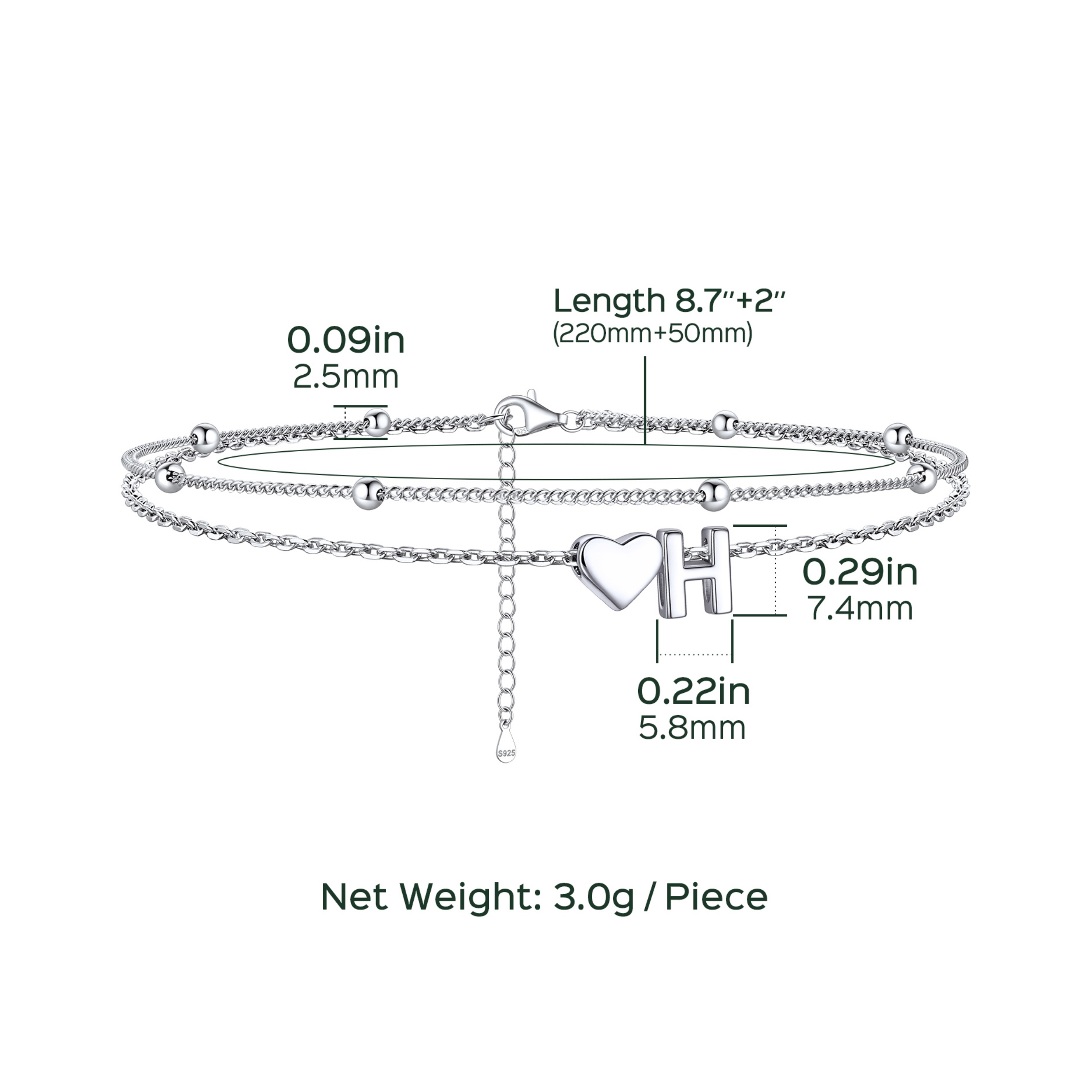 Heart Anklet With Letter  Details: Dimensions, Hypoallergenic, Lobster-Claw-Clasps