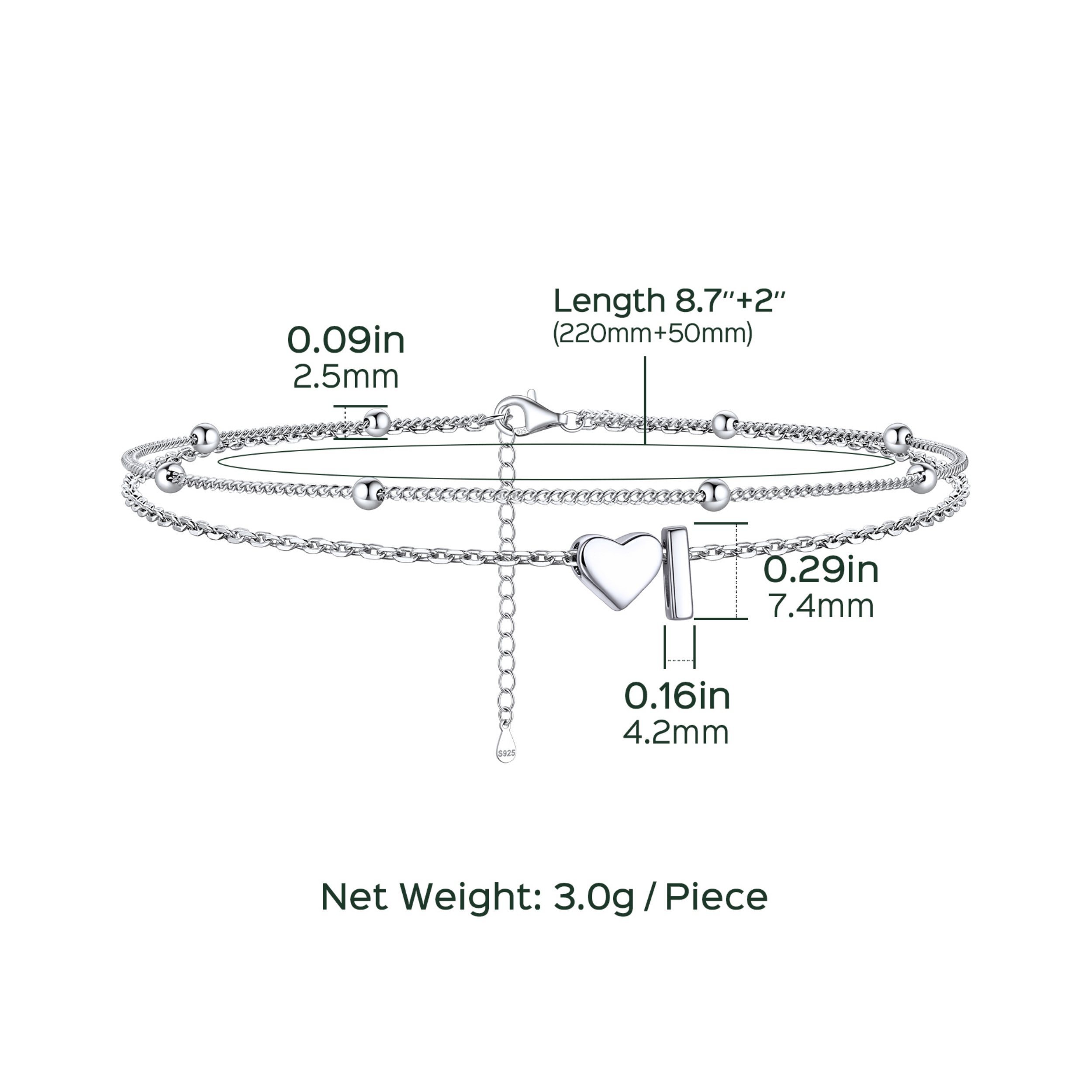 Heart Anklet With Letter  Details: Dimensions, Hypoallergenic, Lobster-Claw-Clasps