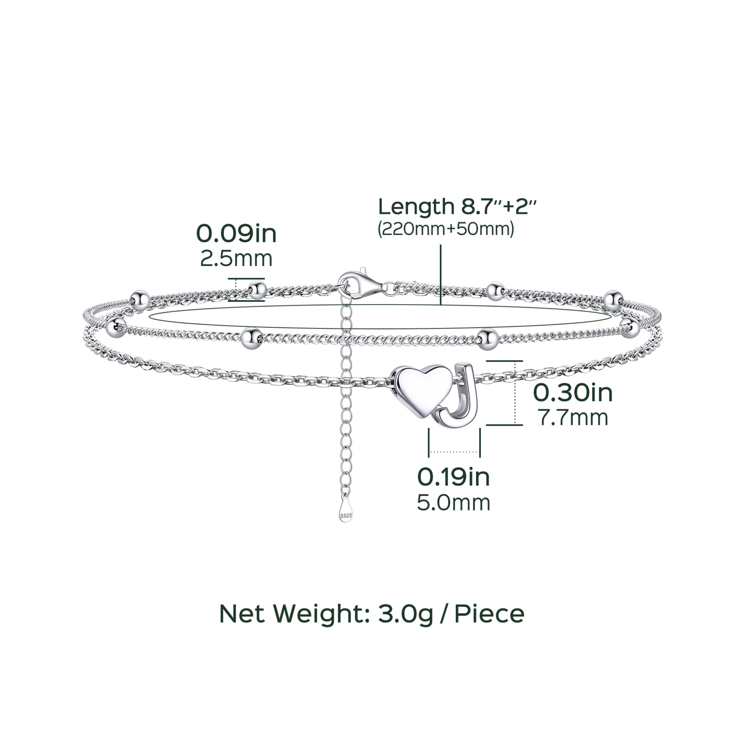 Heart Anklet With Letter  Details: Dimensions, Hypoallergenic, Lobster-Claw-Clasps