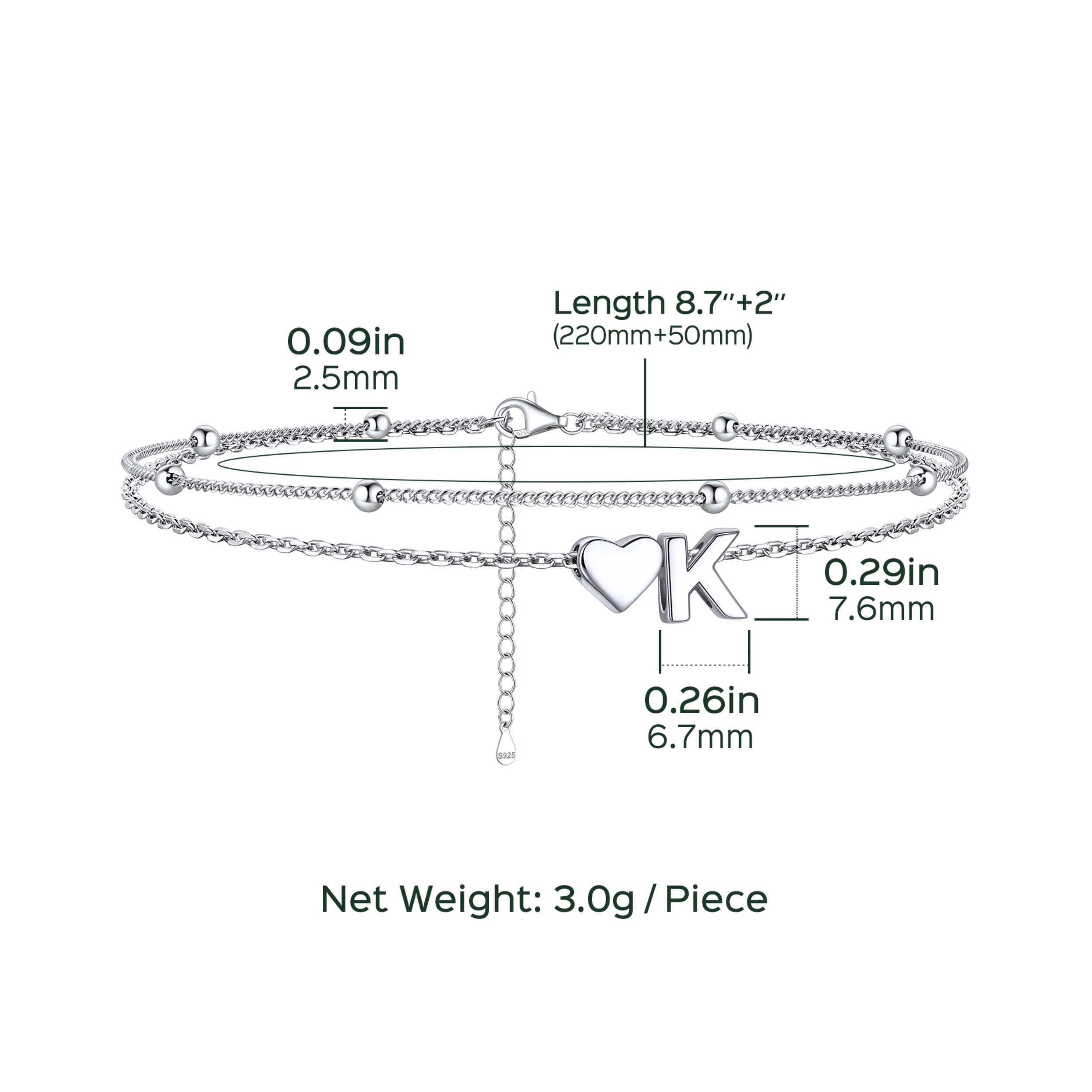 Heart Anklet With Letter  Details: Dimensions, Hypoallergenic, Lobster-Claw-Clasps