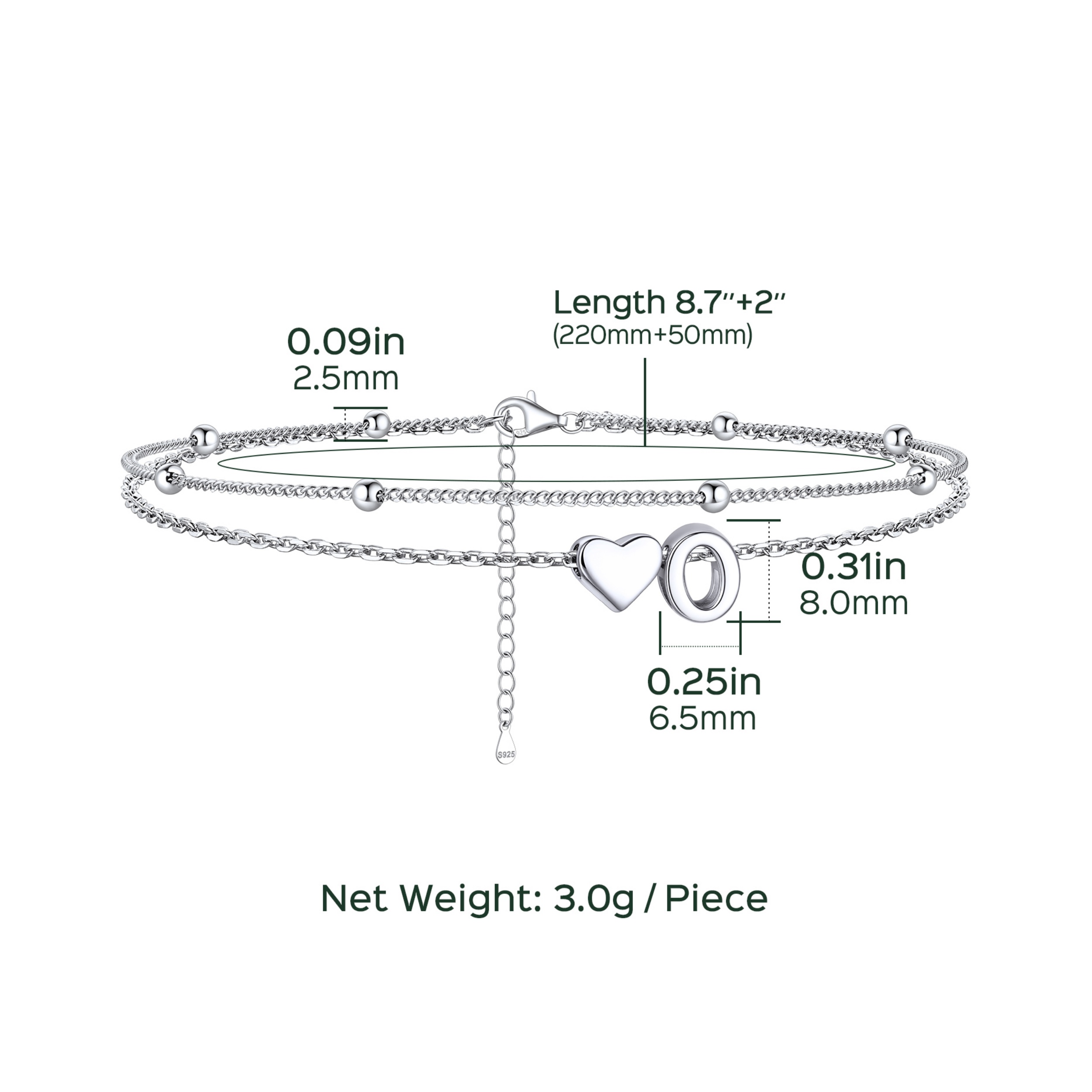 Heart Anklet With Letter  Details: Dimensions, Hypoallergenic, Lobster-Claw-Clasps